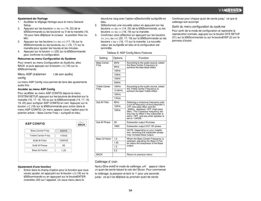 Archos VM9511TS Menu ASP traitement de son audio config, Calibrage dÉcran, Sortir du menu configuration du système 