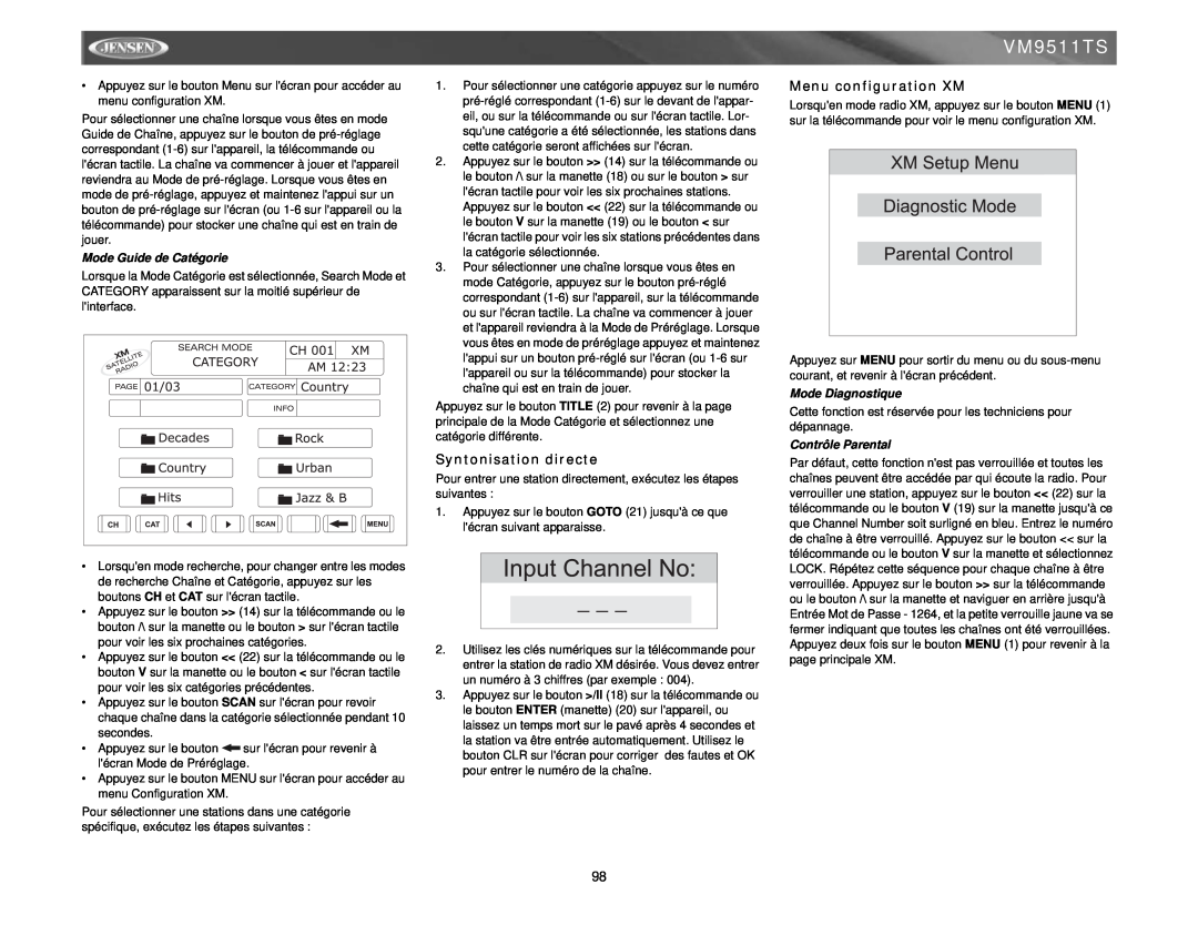 Archos VM9511TS instruction manual Syntonisation directe, Menu configuration XM, Mode Guide de Catégorie, Mode Diagnostique 