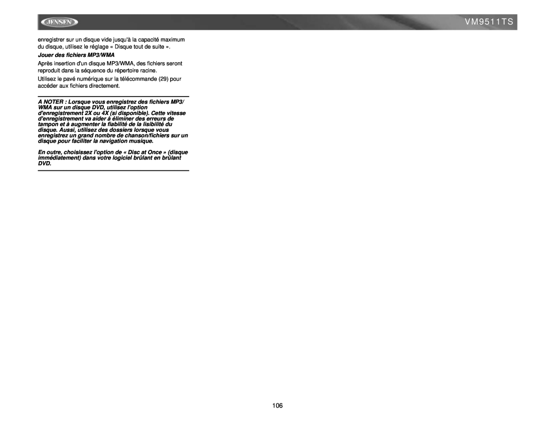 Archos VM9511TS instruction manual Jouer des fichiers MP3/WMA 