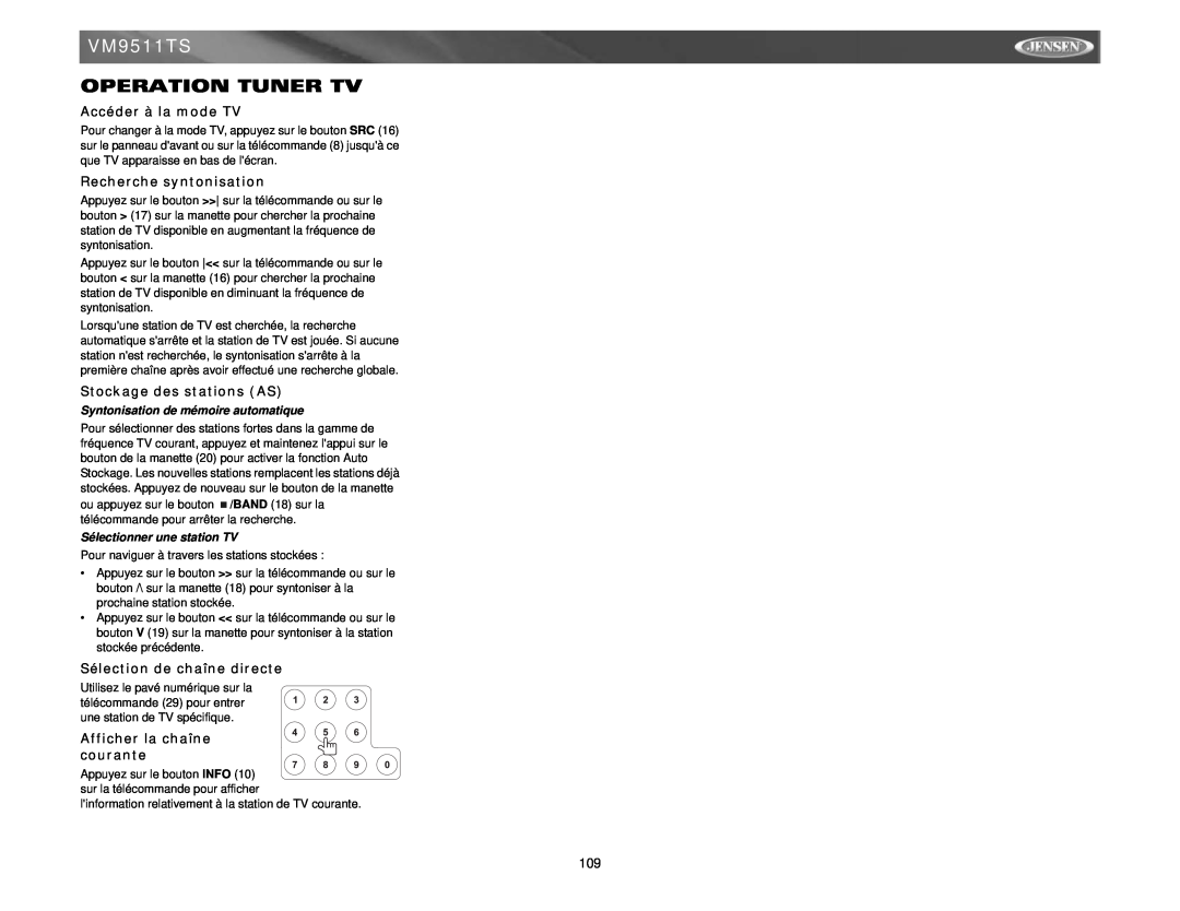 Archos VM9511TS Operation Tuner Tv, Accéder à la mode TV, Recherche syntonisation, Stockage des stations AS 