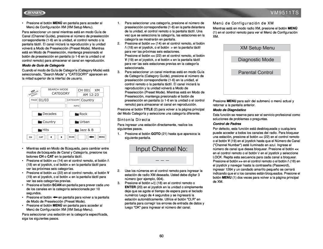 Archos VM9511TS Sintonía Directa, Menú de Configuración de XM, Modo de Guía de Categoría, Modo de Diagnóstico 