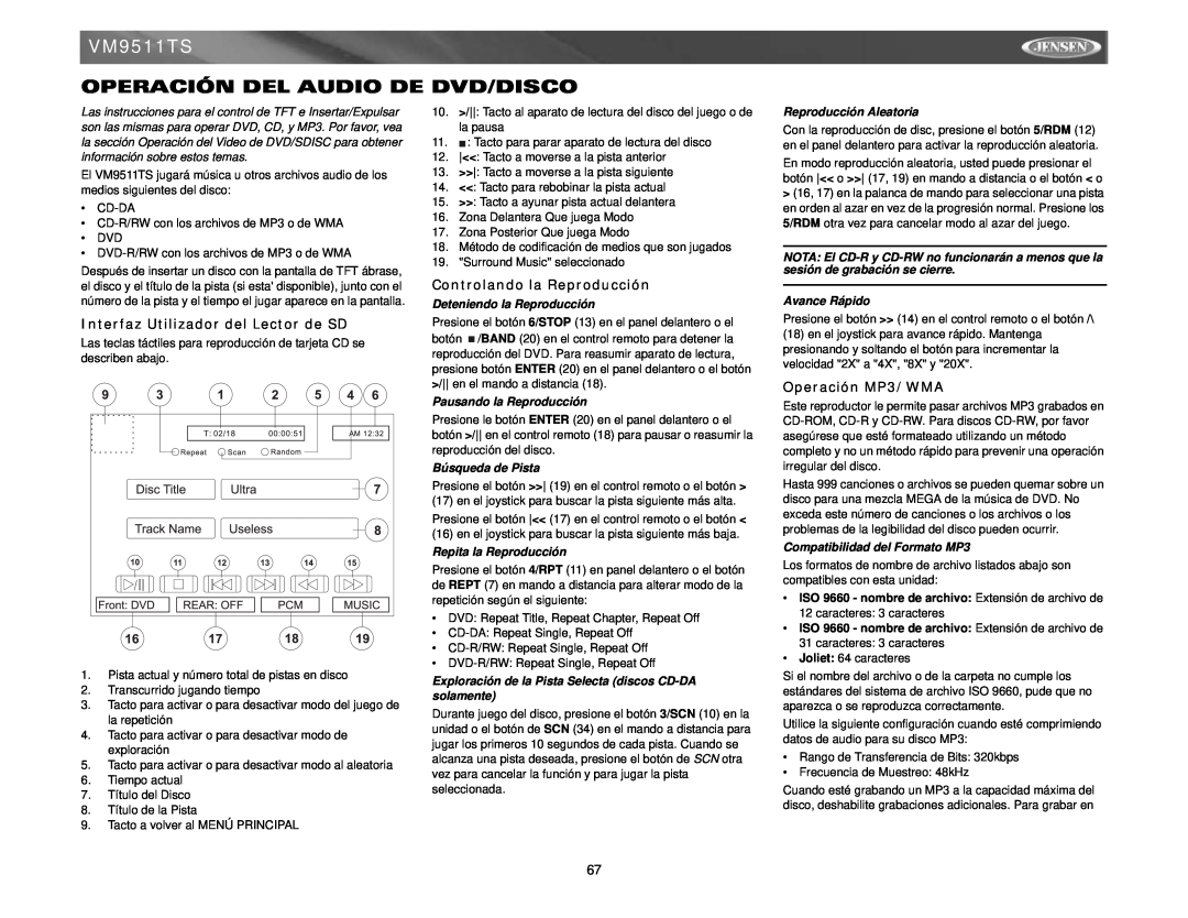 Archos VM9511TS Operación Del Audio De Dvd/Disco, Interfaz Utilizador del Lector de SD, Controlando la Reproducción 