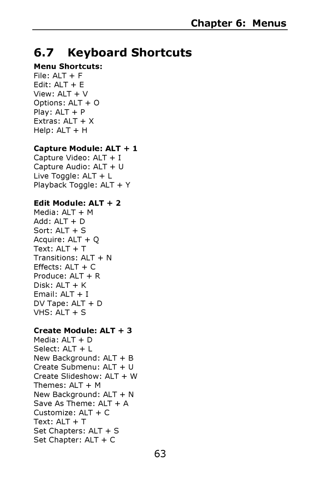 ArcSoft 2 manual Keyboard Shortcuts, Menu Shortcuts, Capture Module ALT +, Edit Module ALT +, Create Module ALT + 