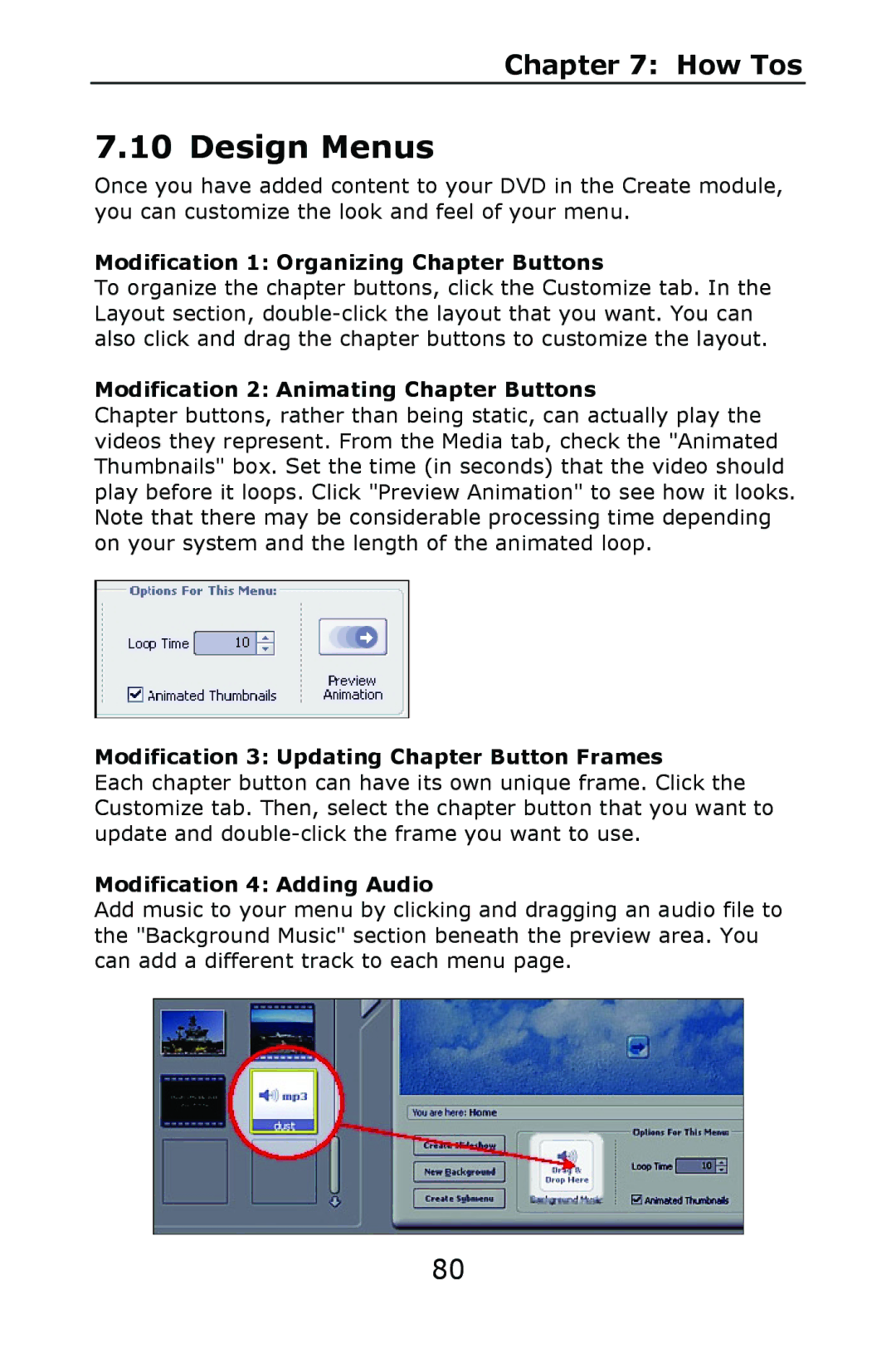 ArcSoft manual Design Menus, Modification 1 Organizing Chapter Buttons, Modification 2 Animating Chapter Buttons 