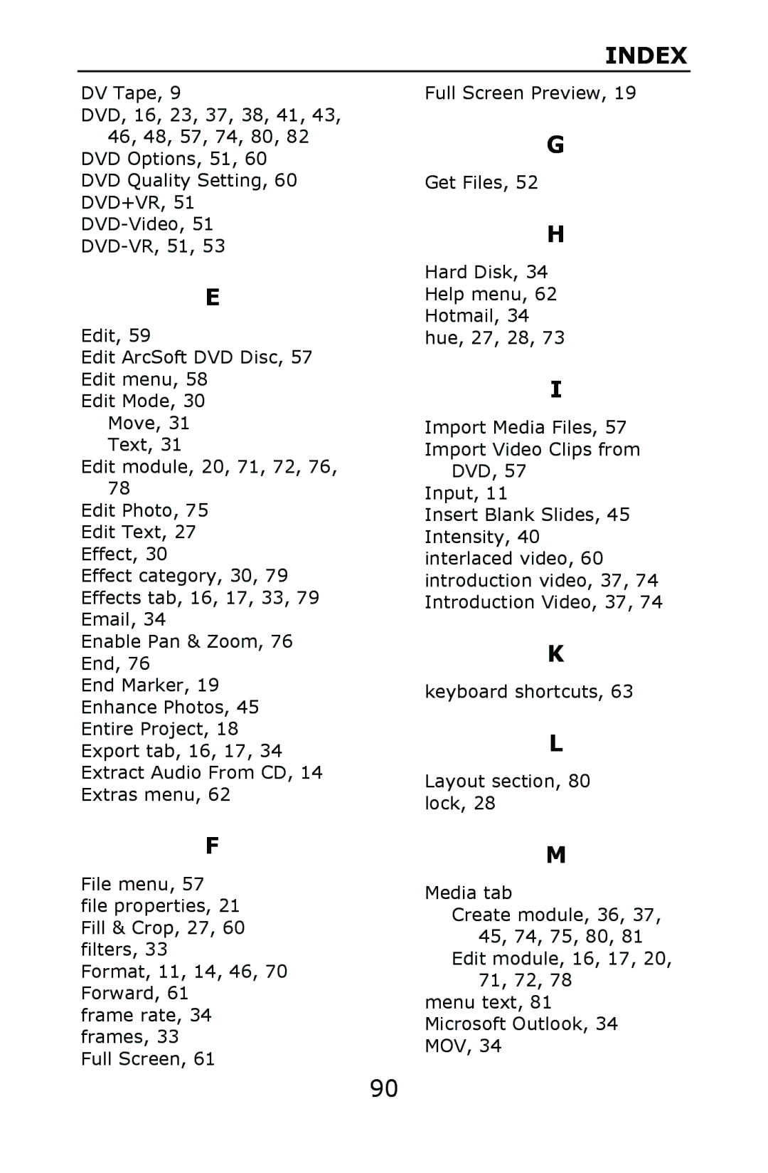 ArcSoft 2 manual Keyboard shortcuts Layout section, 80 lock Media tab 