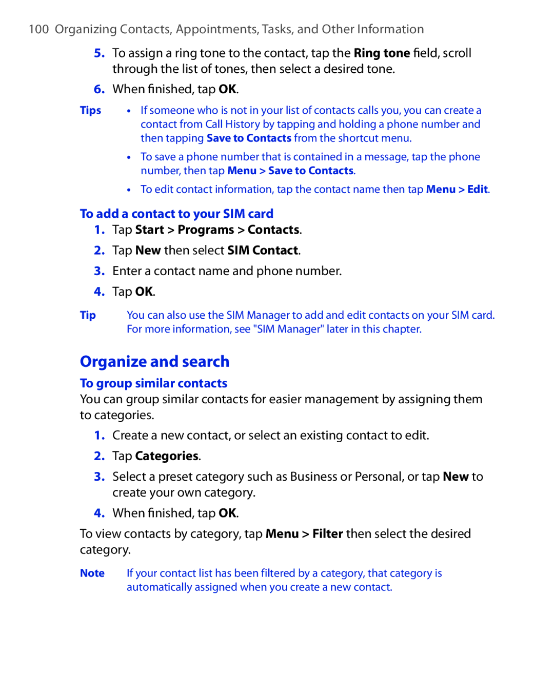 ArcSoft HERA110 manual Organize and search, To add a contact to your SIM card, To group similar contacts, Tap Categories 