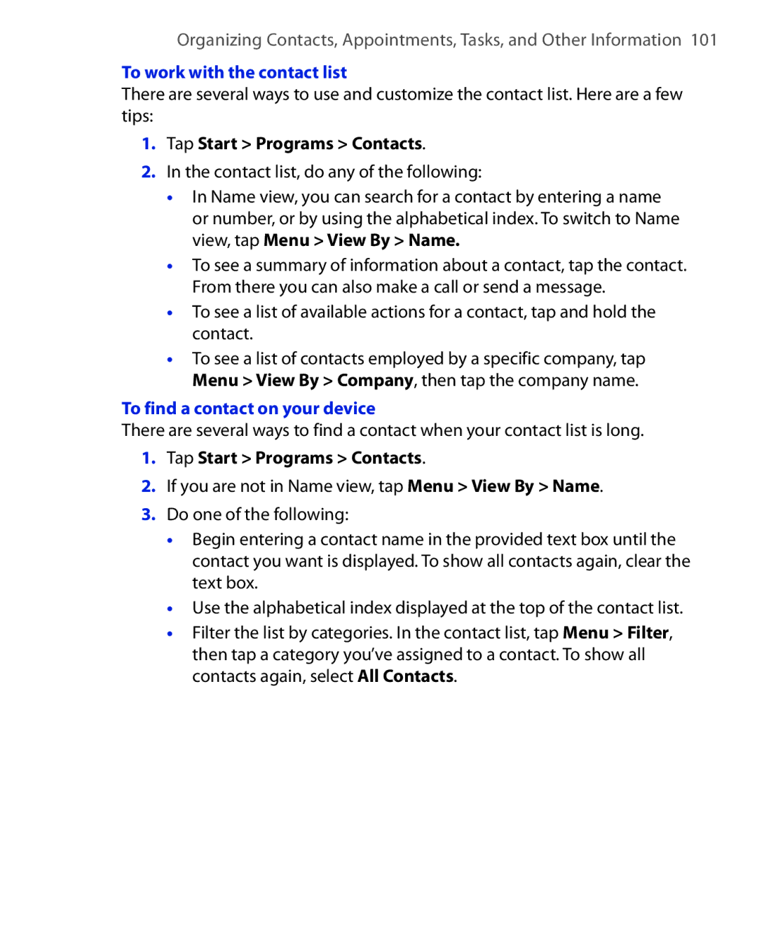 ArcSoft HERA110 manual To work with the contact list, To find a contact on your device 