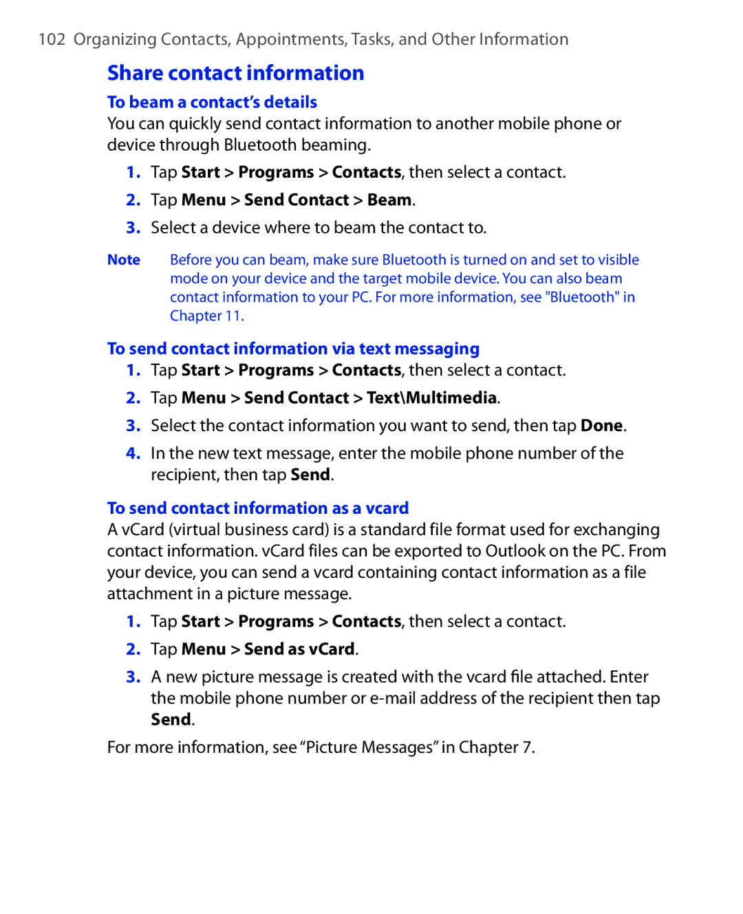 ArcSoft HERA110 Share contact information, To beam a contact’s details, To send contact information via text messaging 