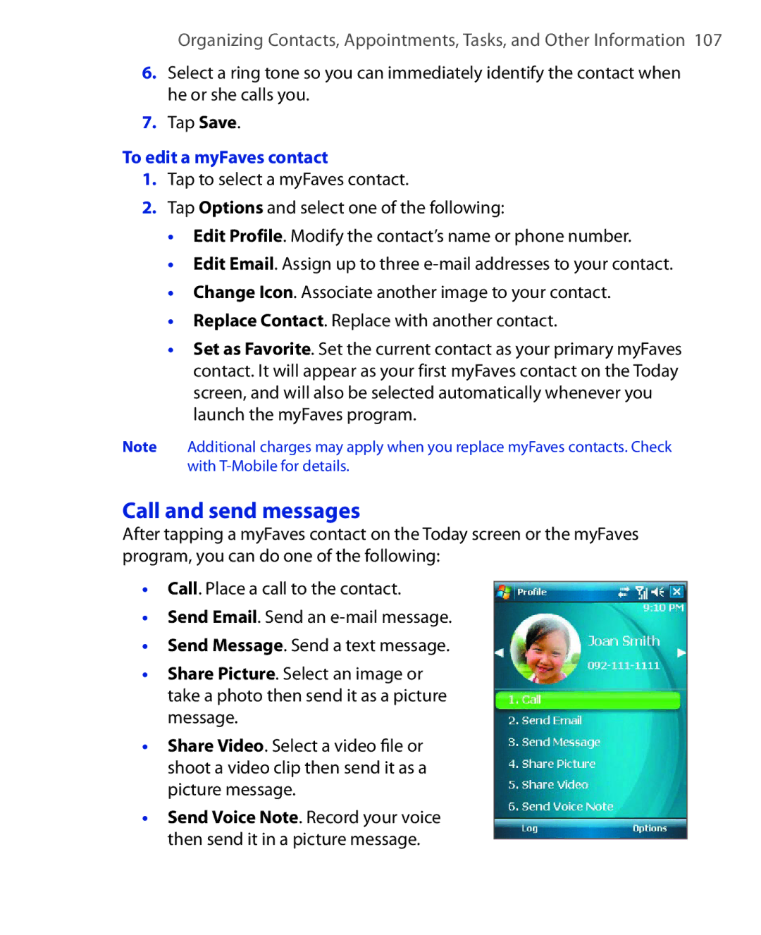 ArcSoft HERA110 manual Call and send messages, To edit a myFaves contact 