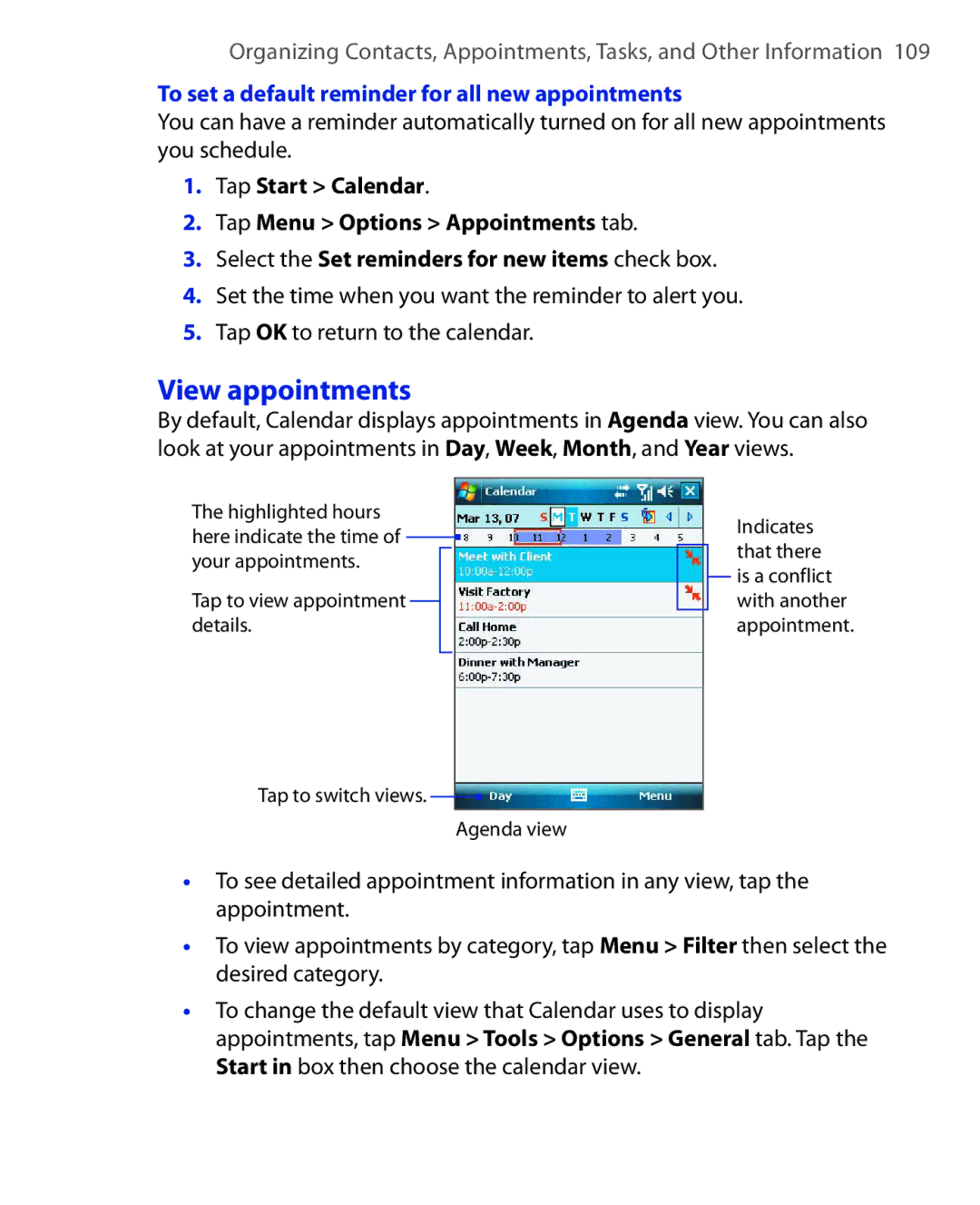 ArcSoft HERA110 manual View appointments, To set a default reminder for all new appointments 