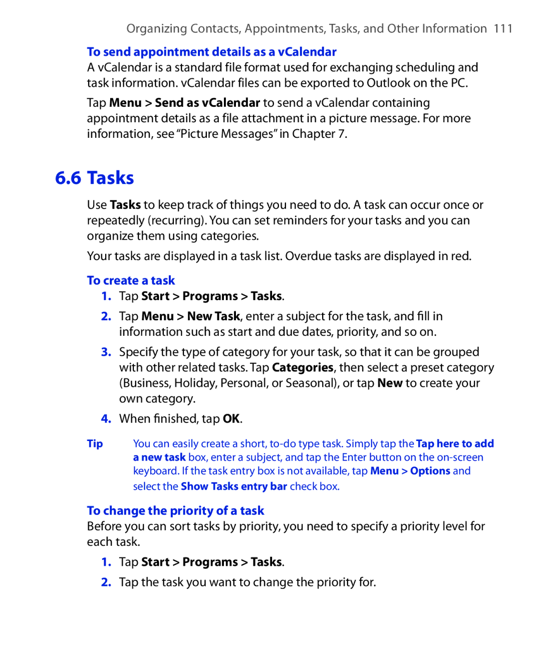 ArcSoft HERA110 manual To send appointment details as a vCalendar, To create a task, Tap Start Programs Tasks 