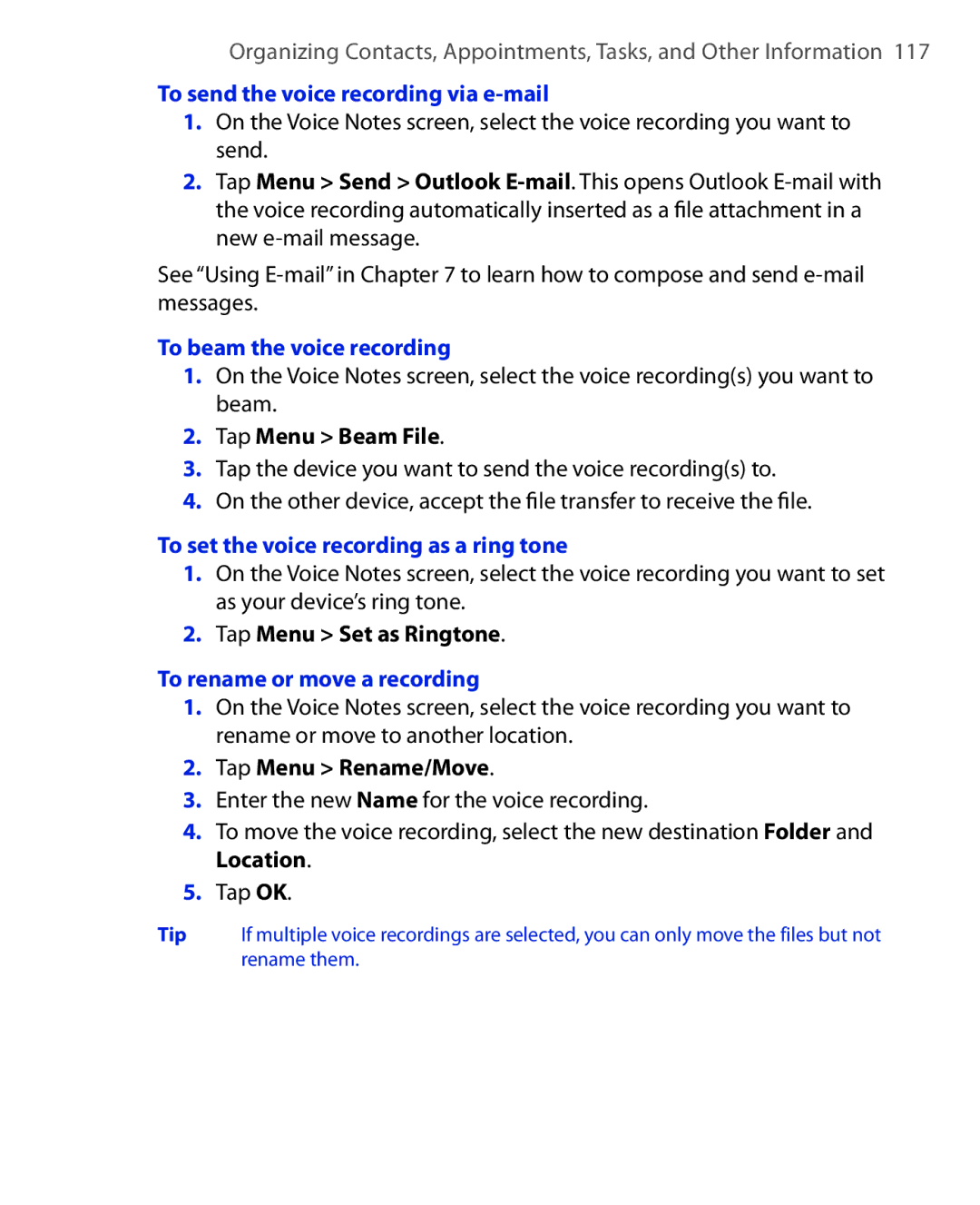 ArcSoft HERA110 manual To send the voice recording via e-mail, To beam the voice recording, To rename or move a recording 