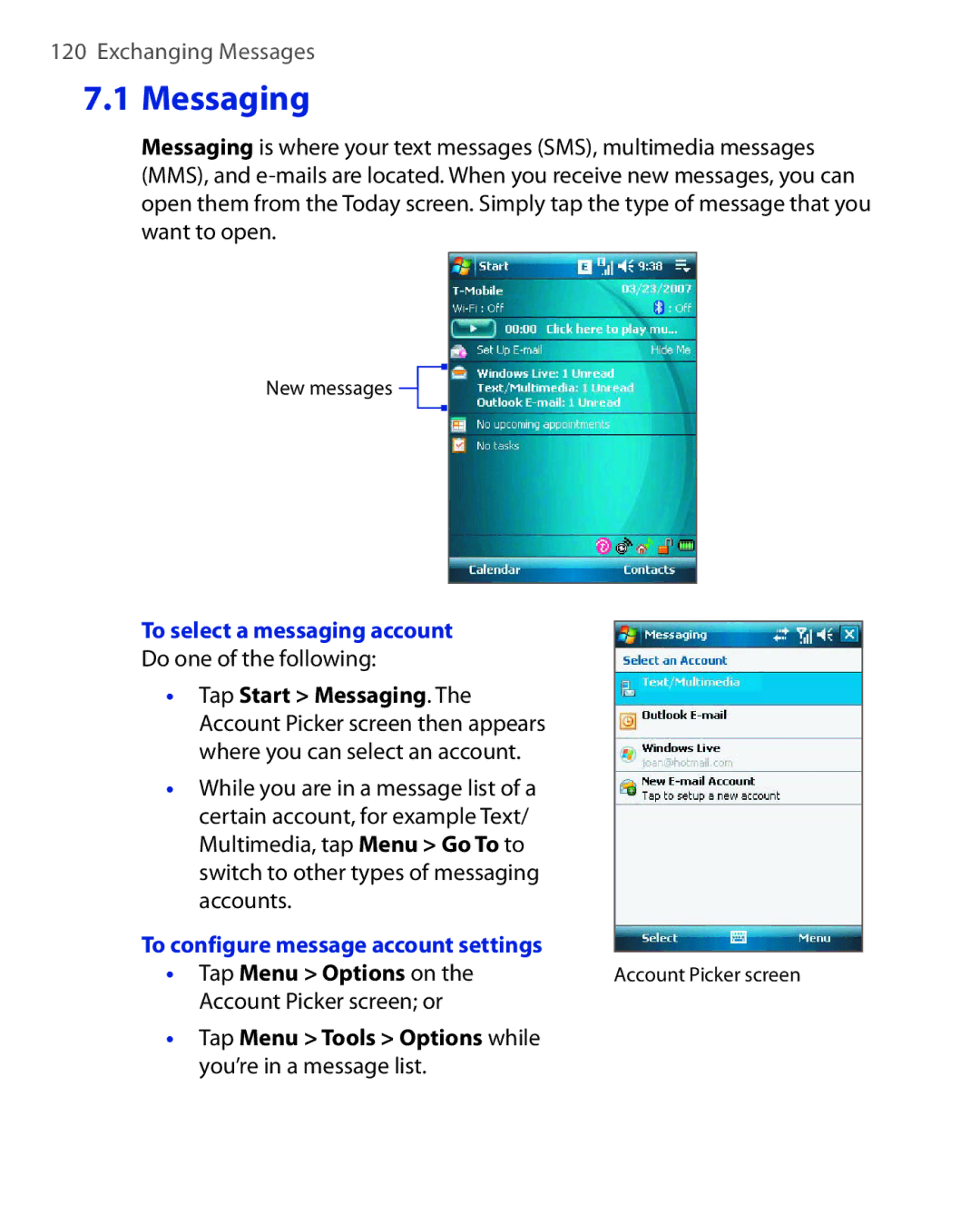 ArcSoft HERA110 manual Messaging, To select a messaging account, To configure message account settings 