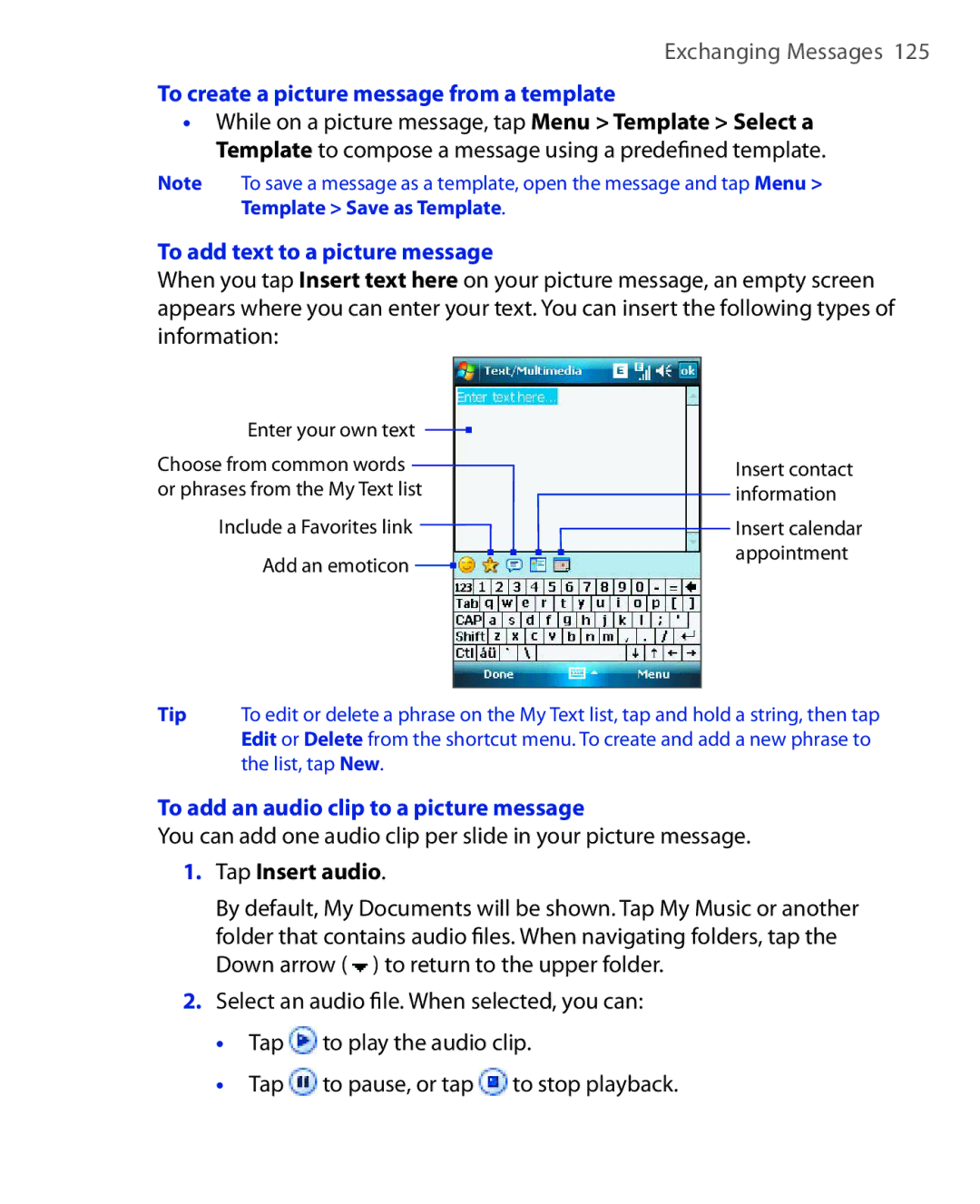 ArcSoft HERA110 manual To create a picture message from a template, To add text to a picture message, Tap Insert audio 