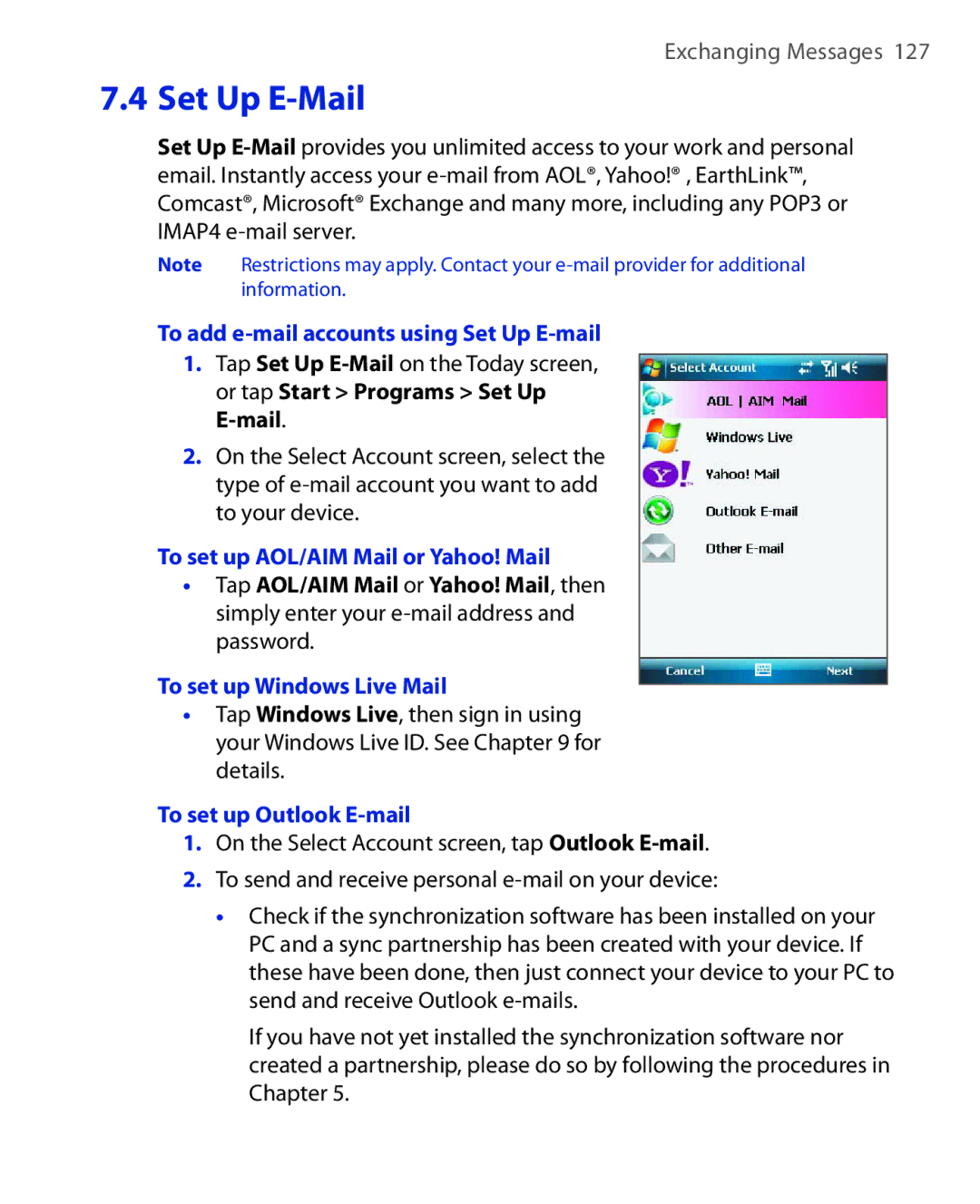 ArcSoft HERA110 manual To add e-mail accounts using Set Up E-mail, To set up AOL/AIM Mail or Yahoo! Mail 