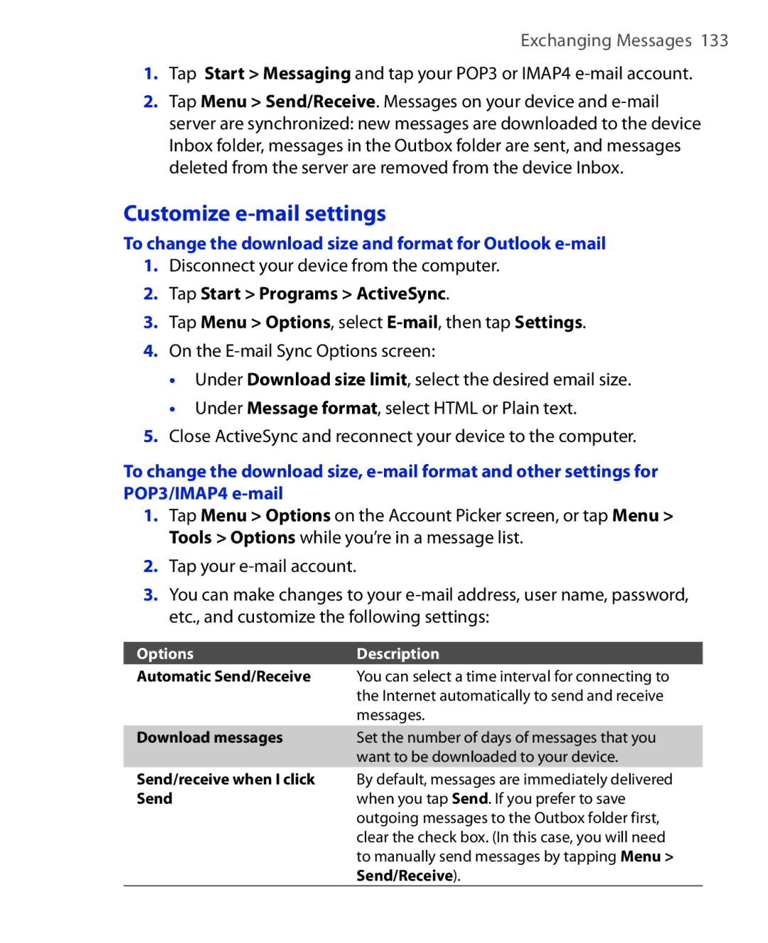 ArcSoft HERA110 manual Customize e-mail settings, To change the download size and format for Outlook e-mail 