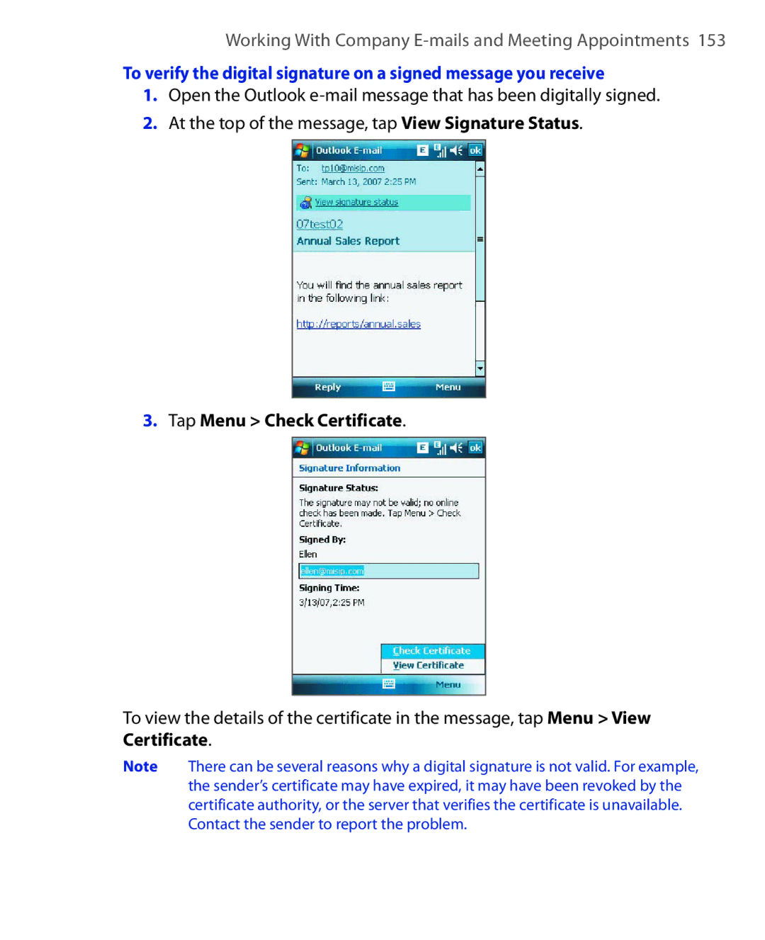 ArcSoft HERA110 manual Tap Menu Check Certificate 