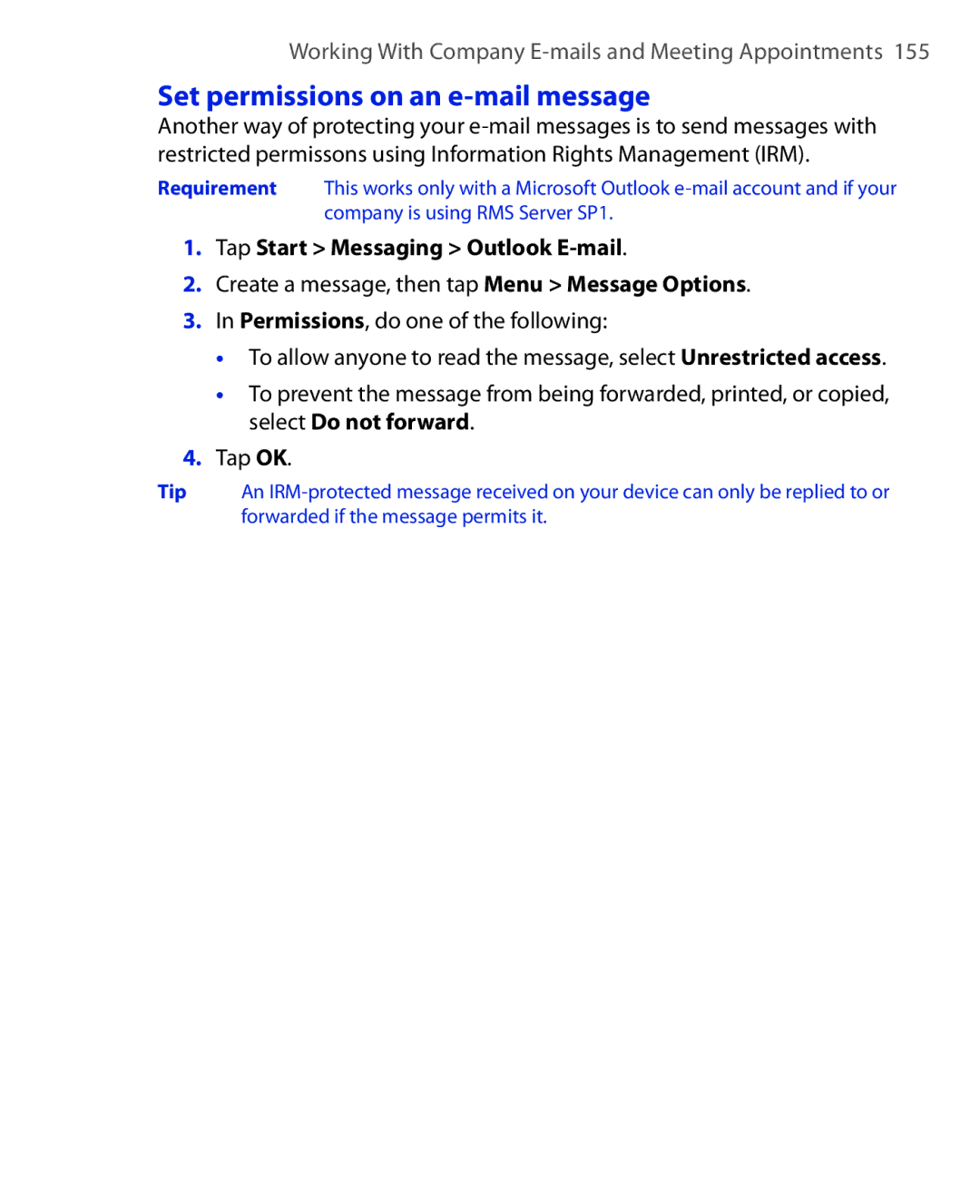 ArcSoft HERA110 manual Set permissions on an e-mail message, Tap Start Messaging Outlook E-mail 