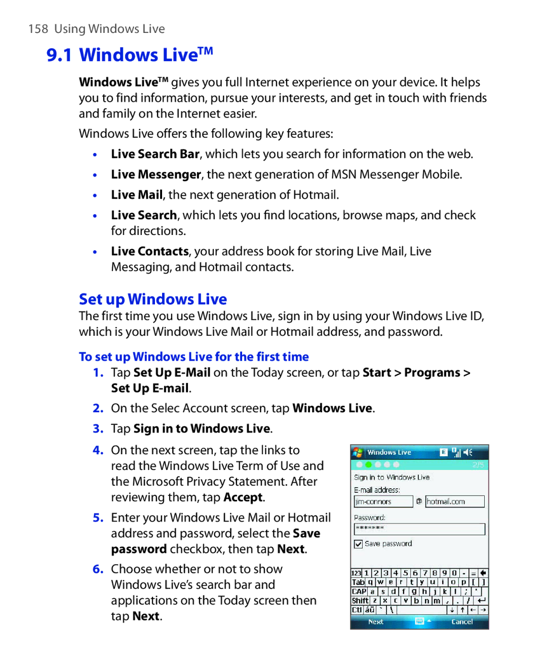 ArcSoft HERA110 manual Windows LiveTM, Set up Windows Live, To set up Windows Live for the first time 