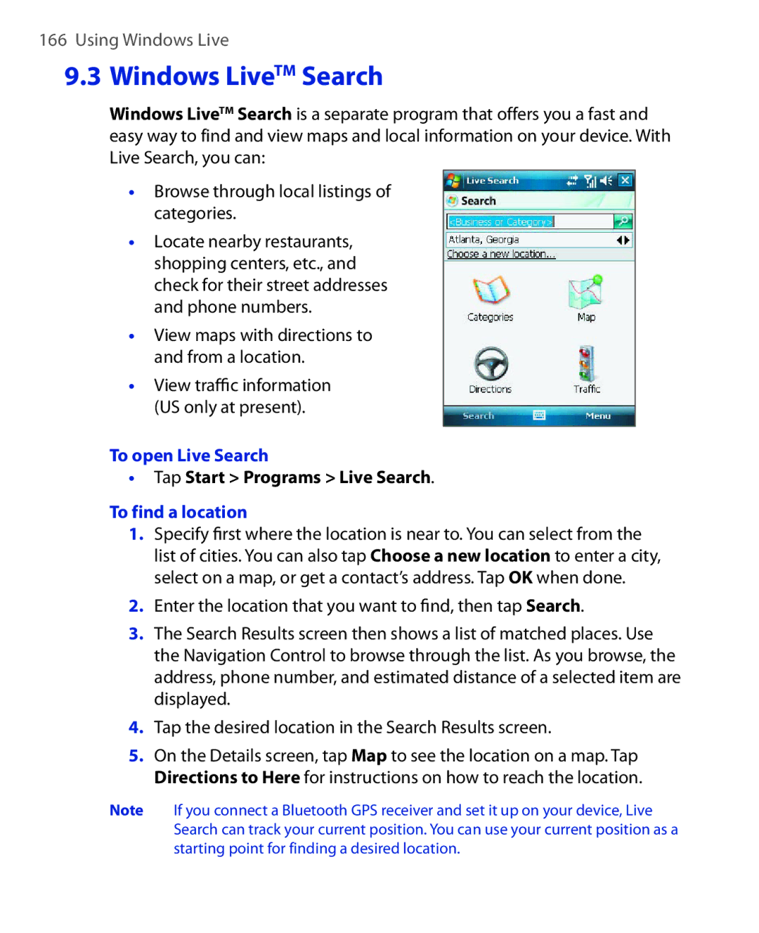 ArcSoft HERA110 View maps with directions to and from a location, To open Live Search, Tap Start Programs Live Search 