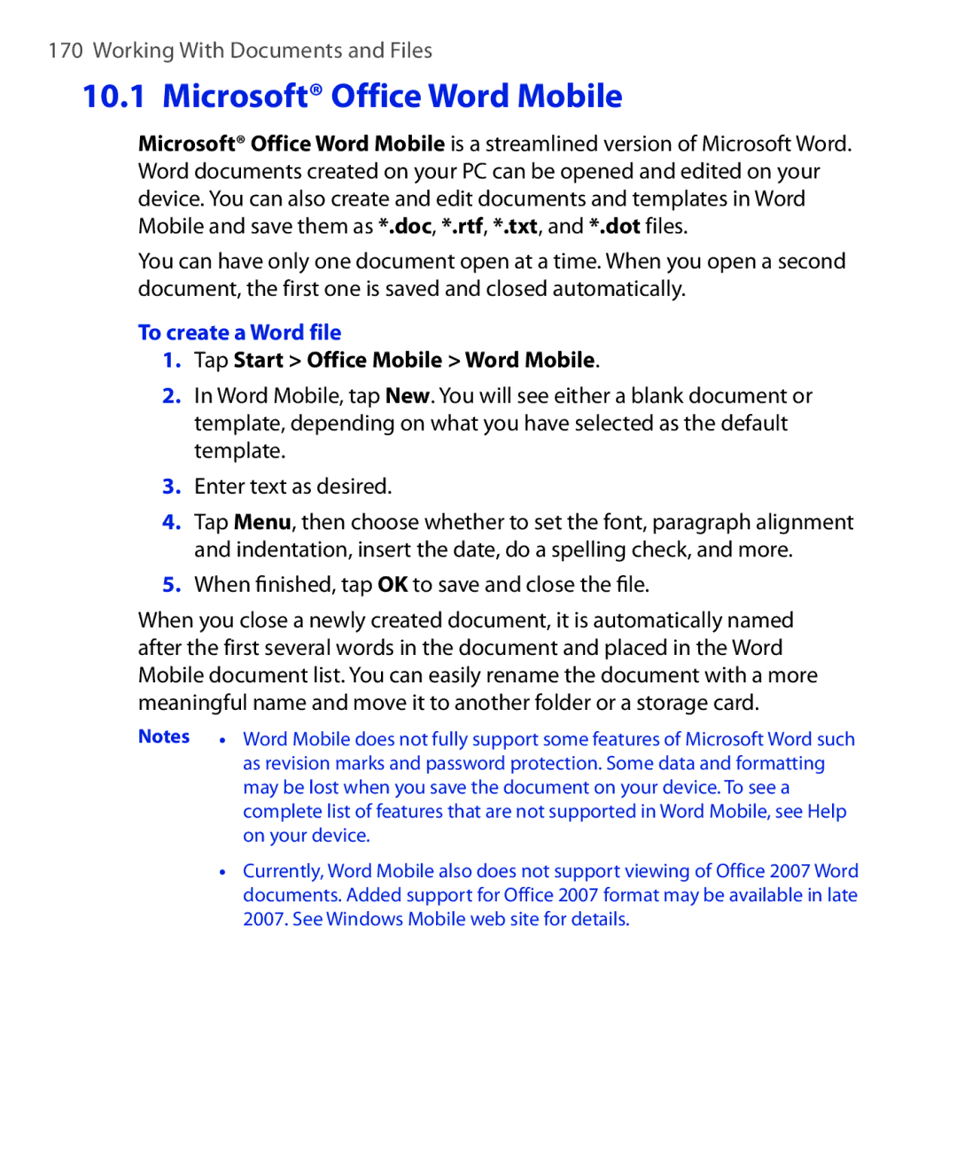 ArcSoft HERA110 manual Microsoft Office Word Mobile, To create a Word file, Tap Start Office Mobile Word Mobile 