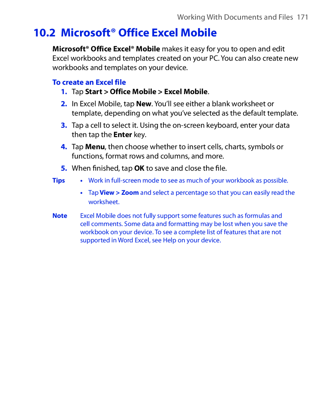 ArcSoft HERA110 manual To create an Excel file, Tap Start Office Mobile Excel Mobile 