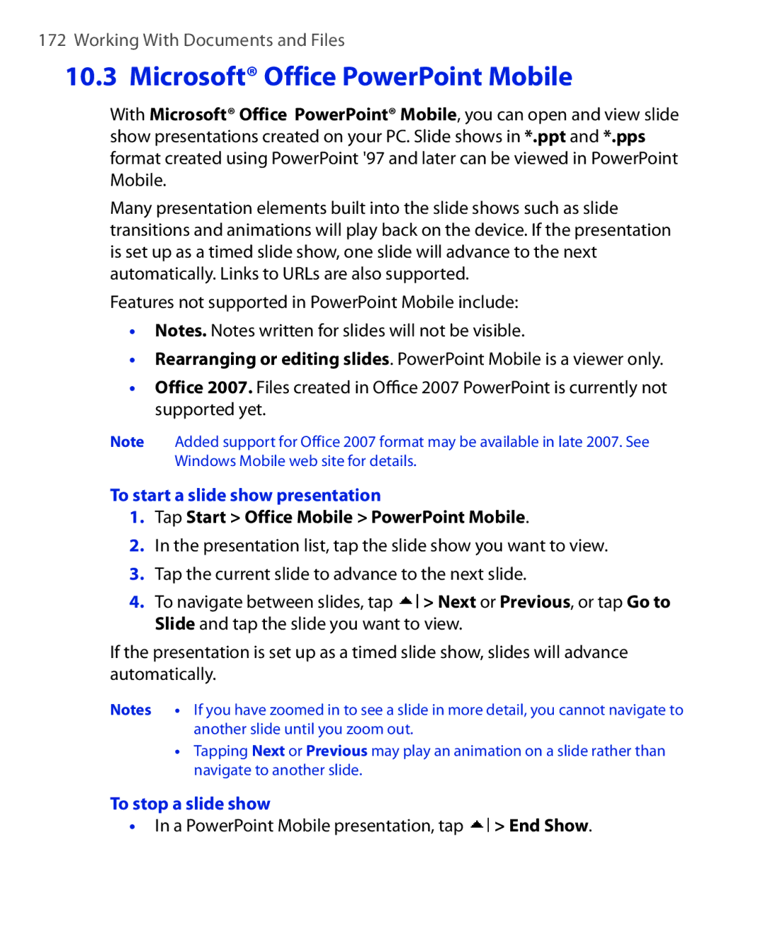 ArcSoft HERA110 manual To start a slide show presentation, Tap Start Office Mobile PowerPoint Mobile, To stop a slide show 