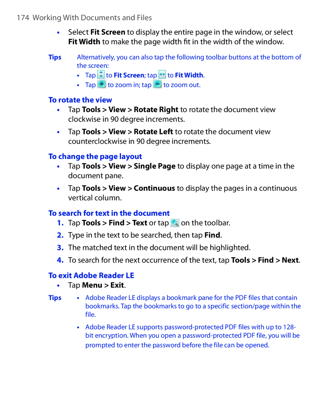 ArcSoft HERA110 To rotate the view, To change the page layout, To search for text in the document, To exit Adobe Reader LE 