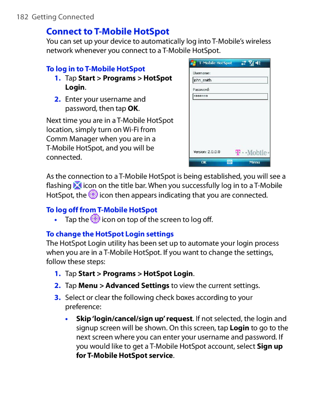 ArcSoft HERA110 manual Connect to T-Mobile HotSpot, To log in to T-Mobile HotSpot, Tap Start Programs HotSpot Login 