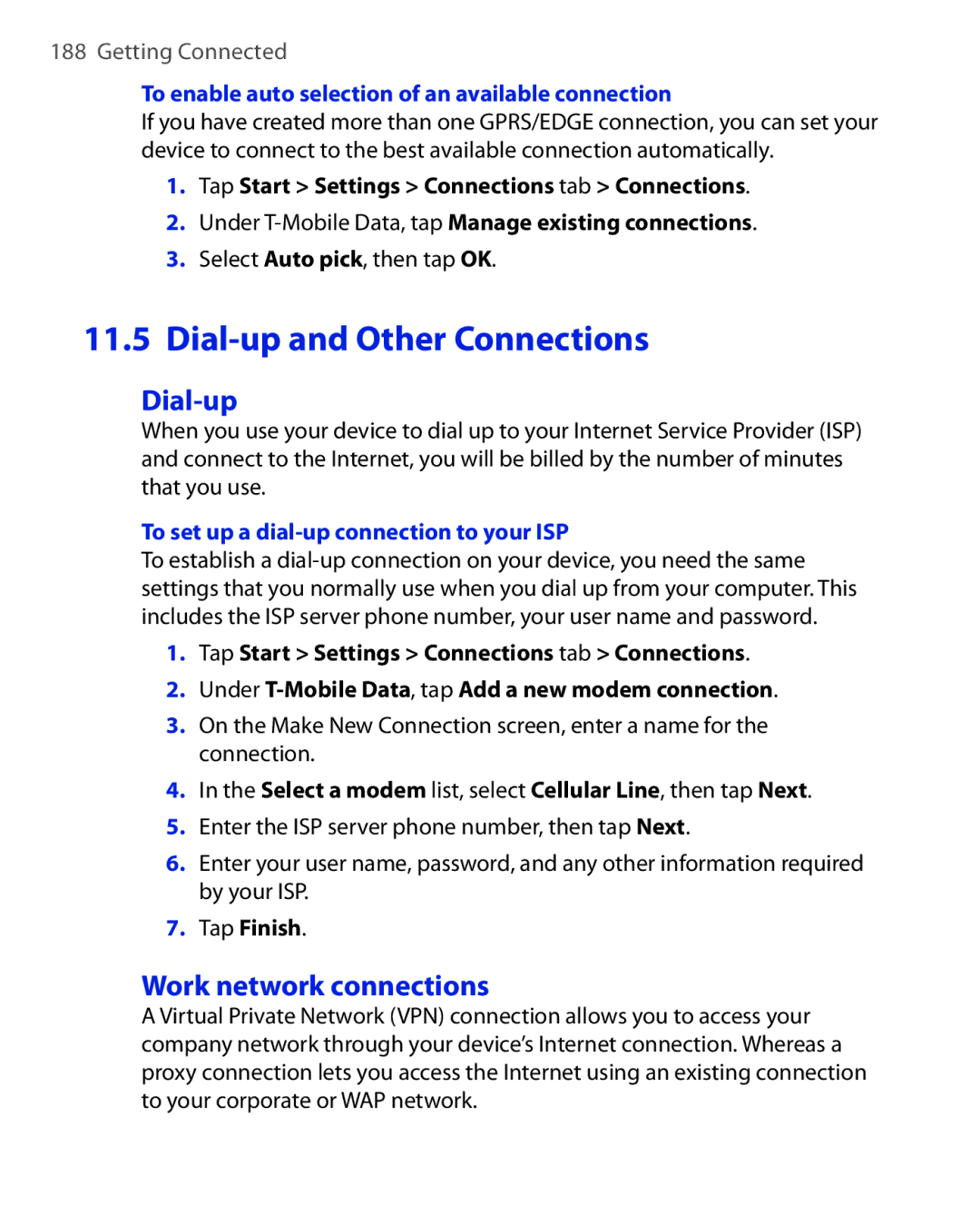 ArcSoft HERA110 manual Dial-up and Other Connections, Work network connections, To set up a dial-up connection to your ISP 