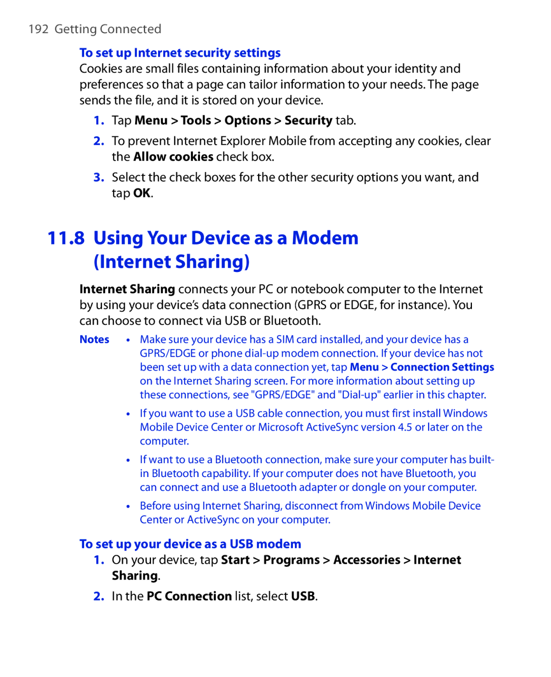 ArcSoft HERA110 manual Using Your Device as a Modem Internet Sharing, To set up Internet security settings 