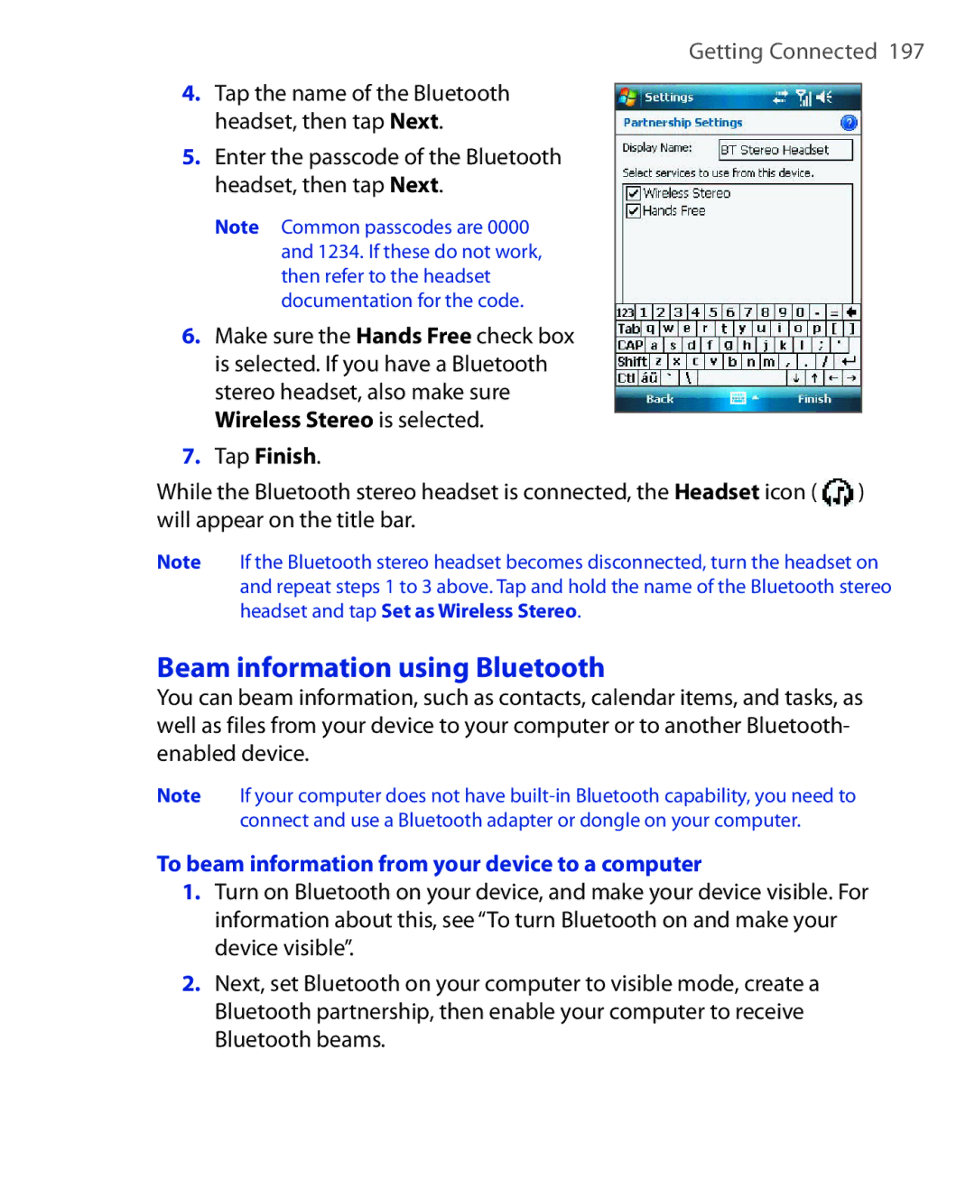 ArcSoft HERA110 manual Beam information using Bluetooth, Enter the passcode of the Bluetooth headset, then tap Next 