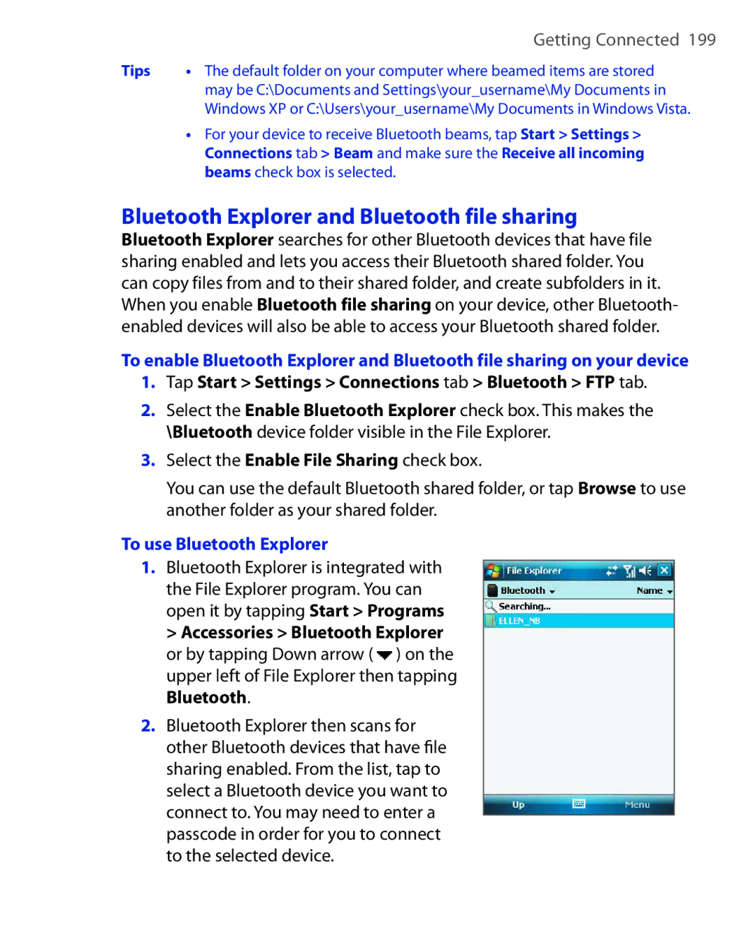 ArcSoft HERA110 manual Bluetooth Explorer and Bluetooth file sharing, Tap Start Settings Connections tab Bluetooth FTP tab 