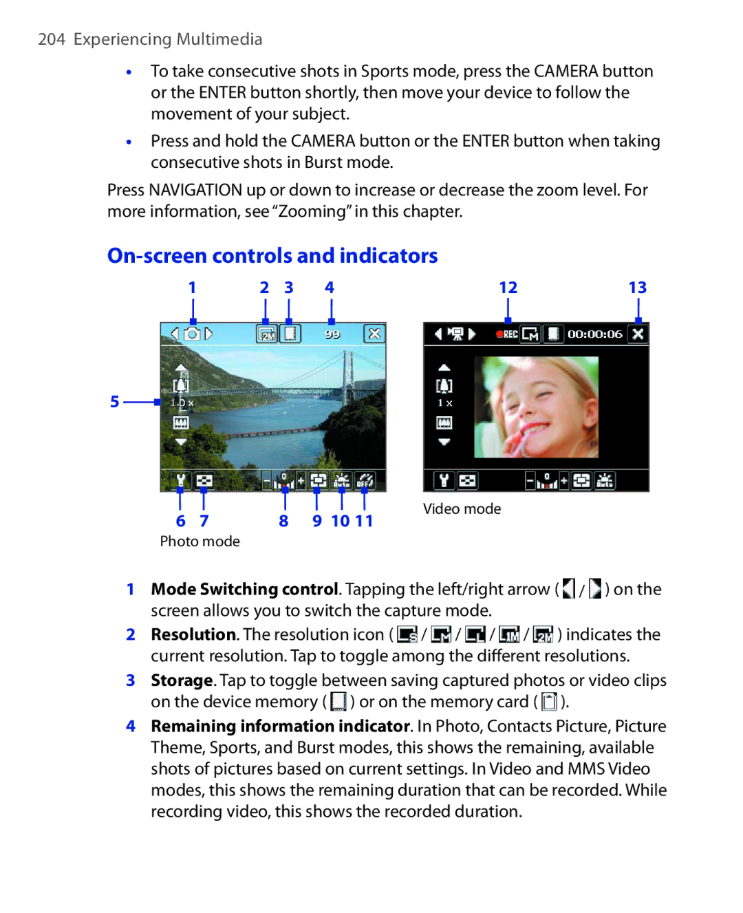 ArcSoft HERA110 manual On-screen controls and indicators 