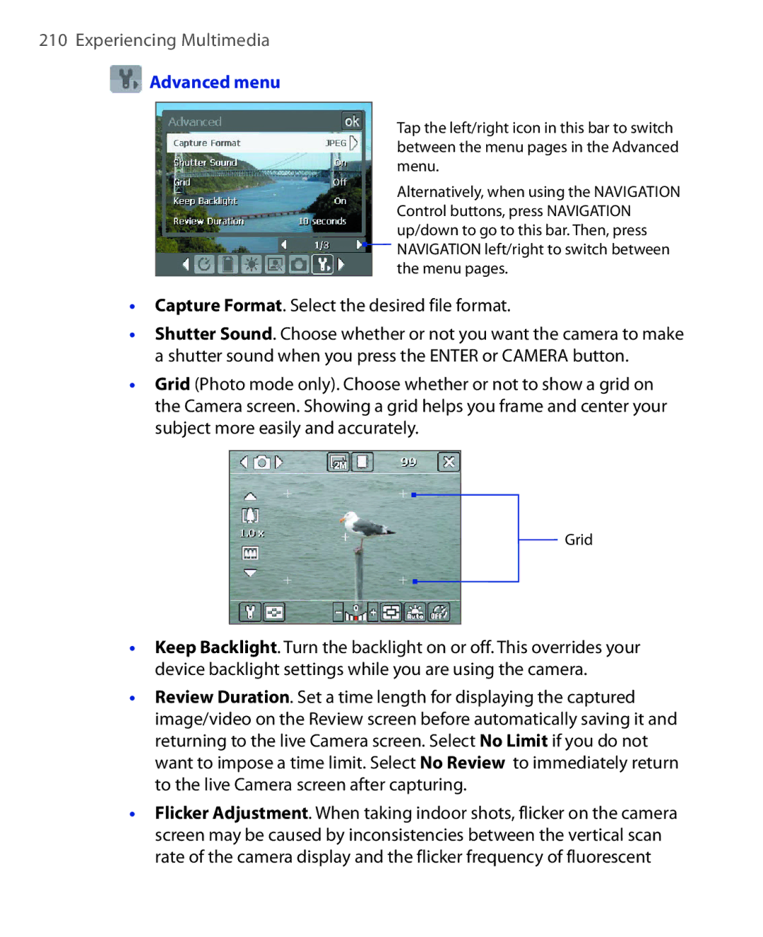 ArcSoft HERA110 manual Advanced menu, Capture Format. Select the desired file format 