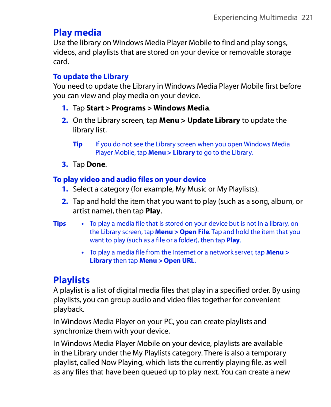 ArcSoft HERA110 manual Play media, Playlists, To update the Library, Tap Done, To play video and audio files on your device 