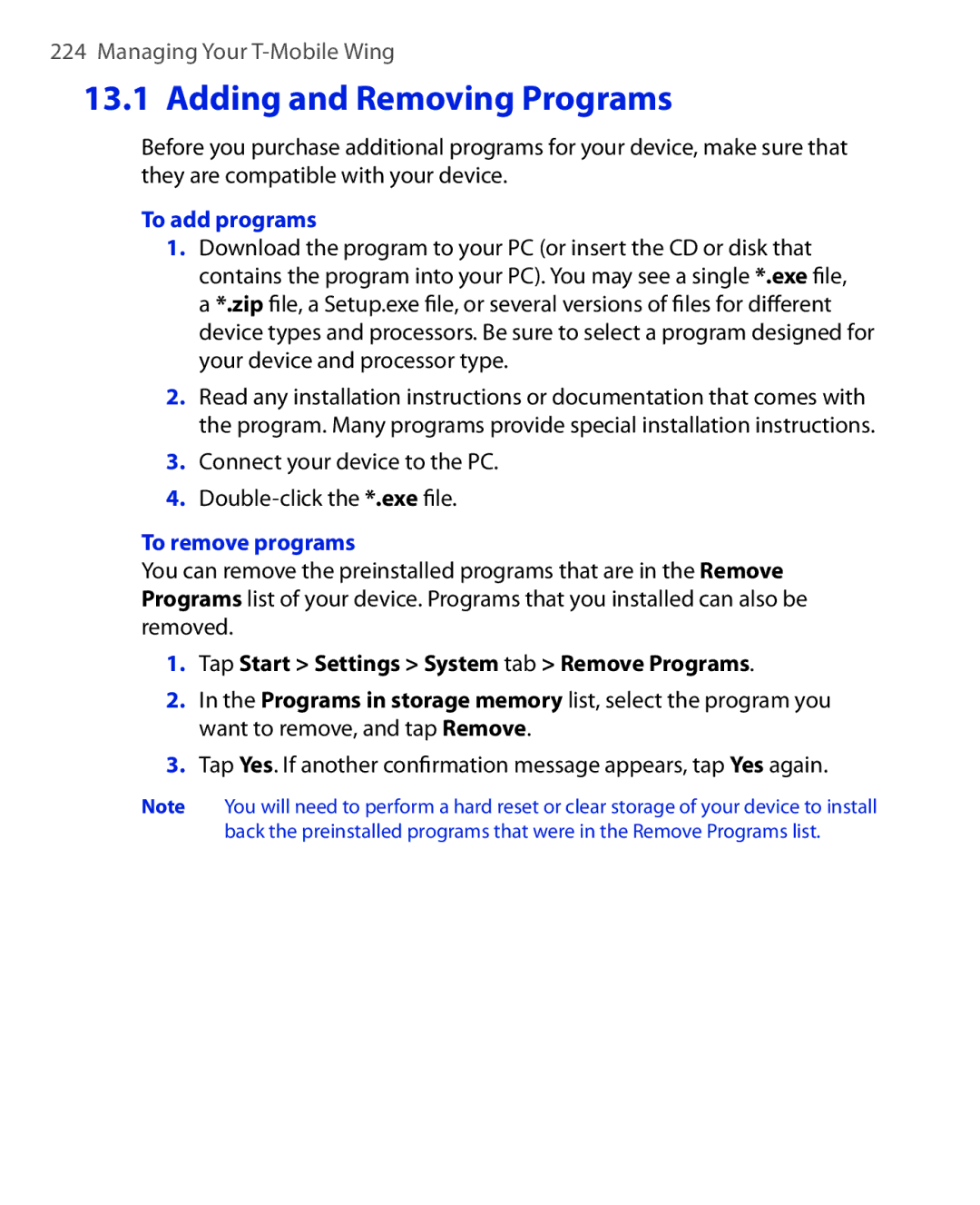 ArcSoft HERA110 Adding and Removing Programs, To add programs, Connect your device to the PC Double-click the *.exe ﬁle 