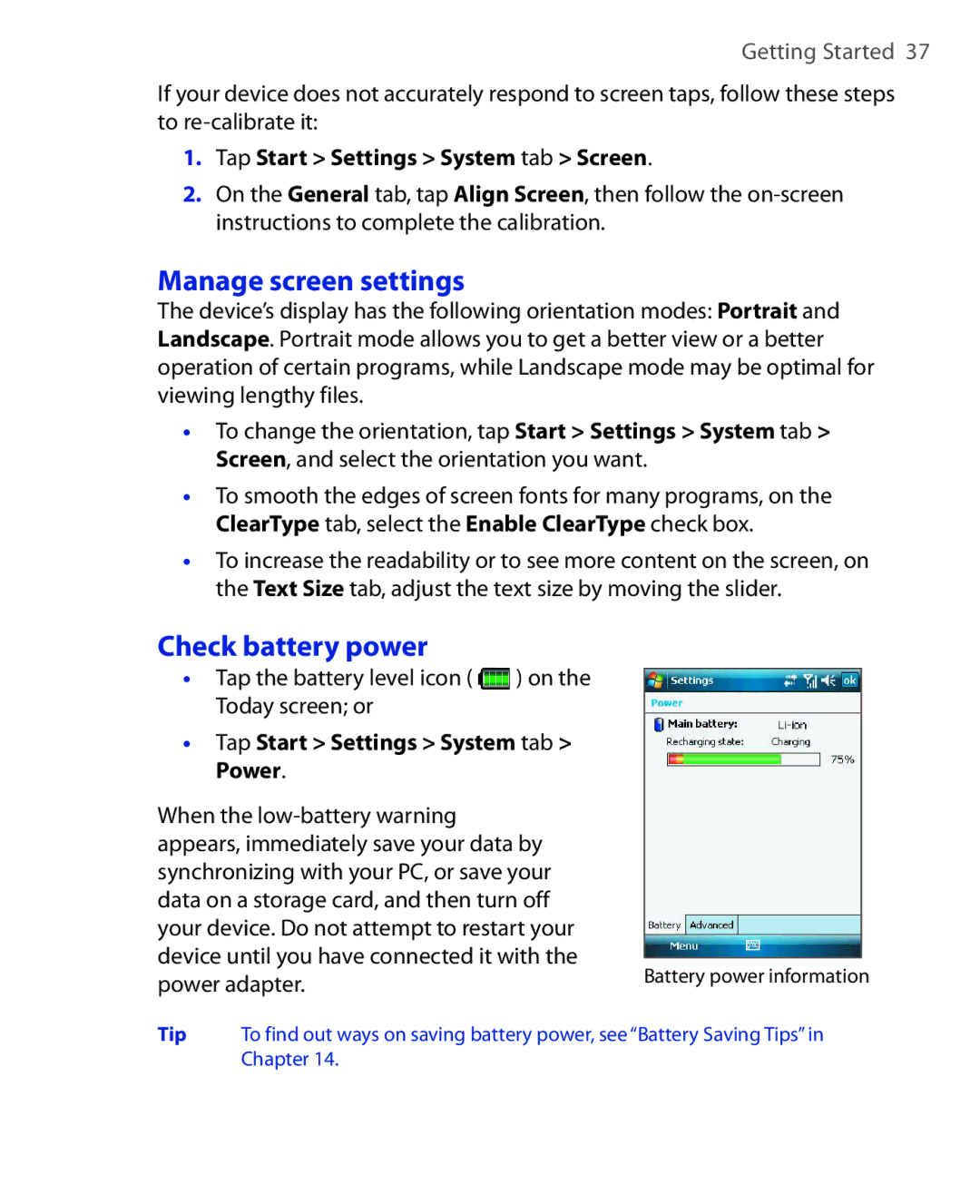 ArcSoft HERA110 manual Manage screen settings, Check battery power, Tap Start Settings System tab Screen 