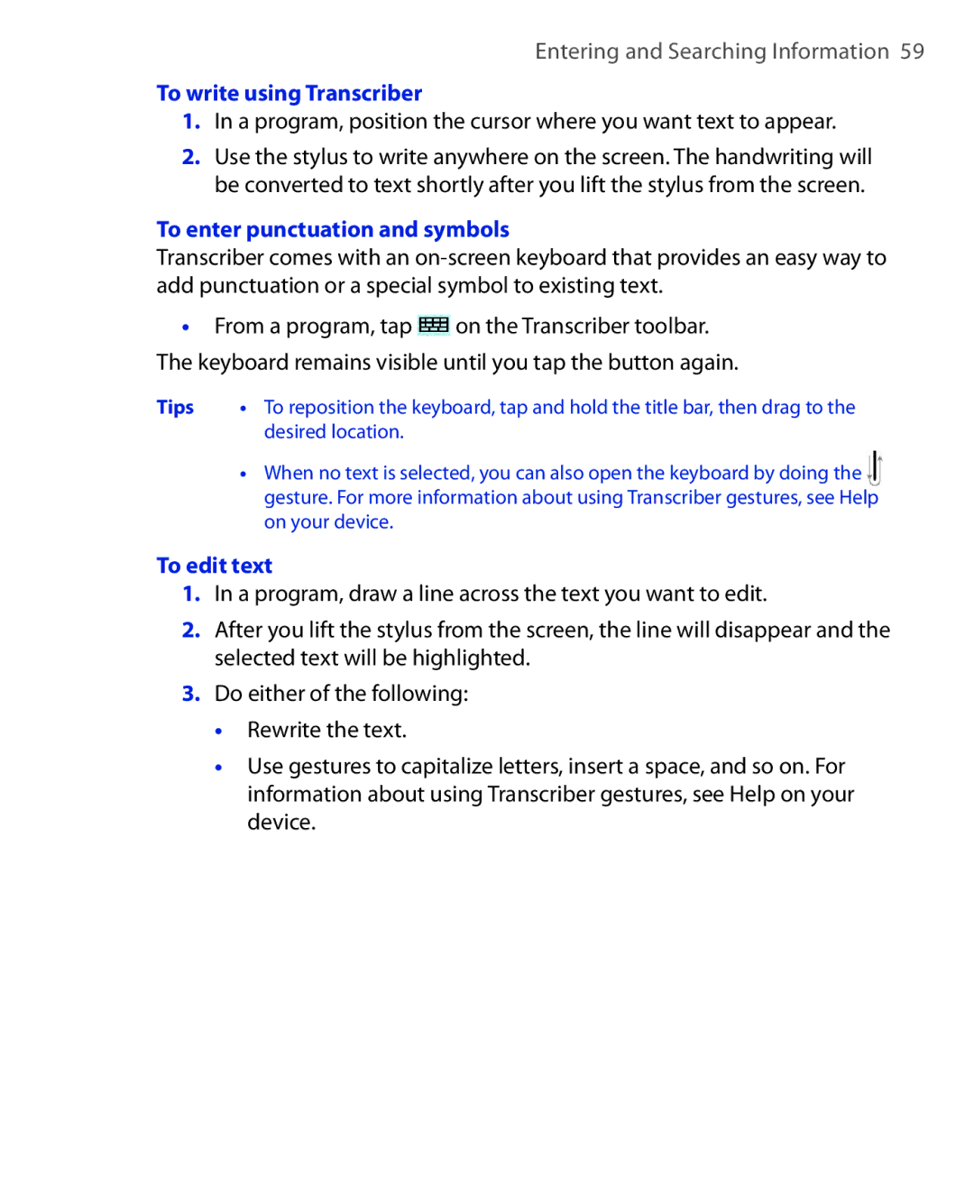 ArcSoft HERA110 manual To write using Transcriber, To enter punctuation and symbols, To edit text 