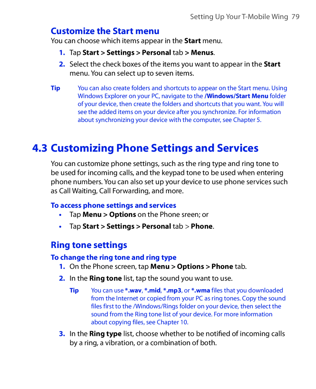 ArcSoft HERA110 manual Customize the Start menu, Ring tone settings, To access phone settings and services 