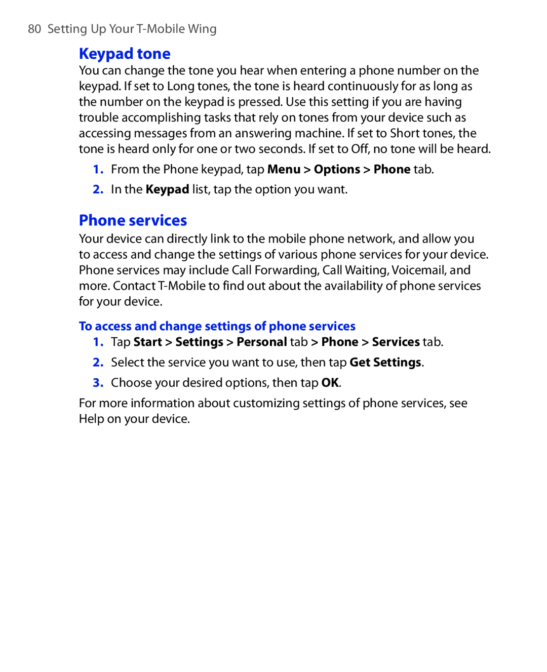 ArcSoft HERA110 manual Keypad tone, Phone services, To access and change settings of phone services 