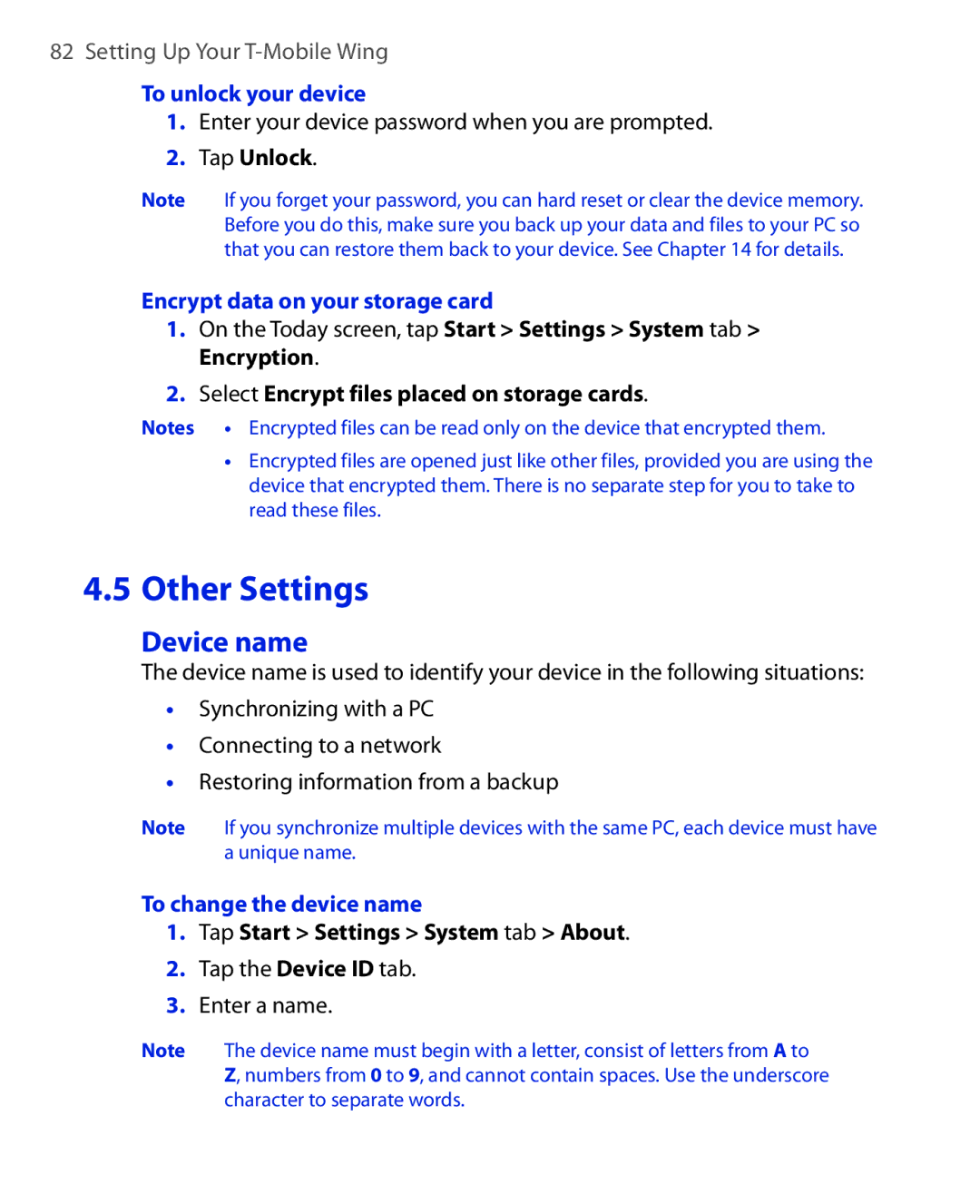 ArcSoft HERA110 manual Device name, To unlock your device, Encrypt data on your storage card, To change the device name 