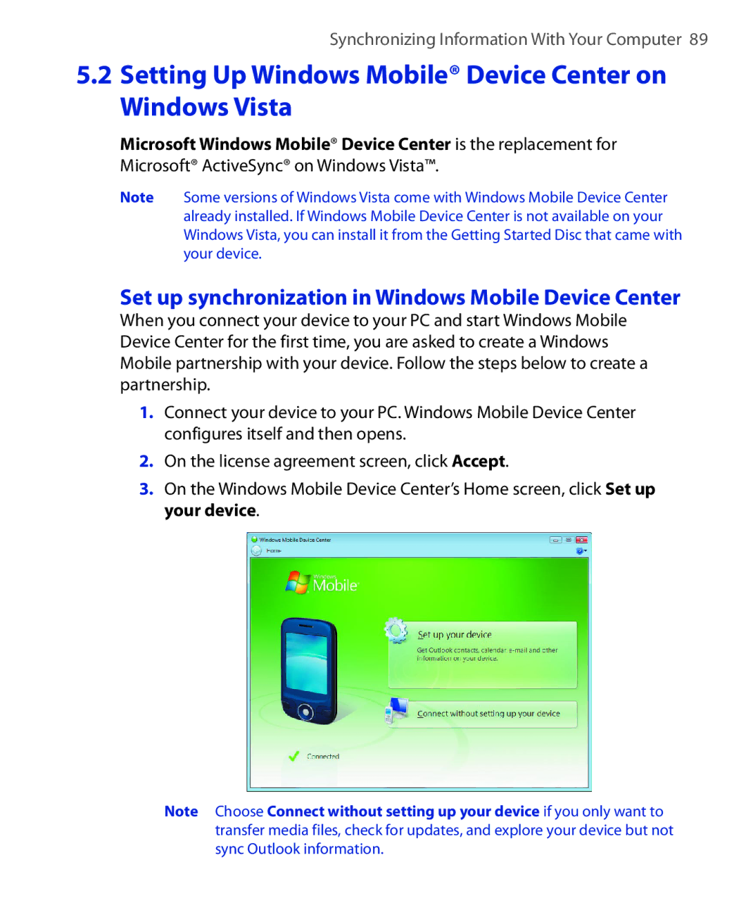 ArcSoft HERA110 manual Setting Up Windows Mobile Device Center on Windows Vista 