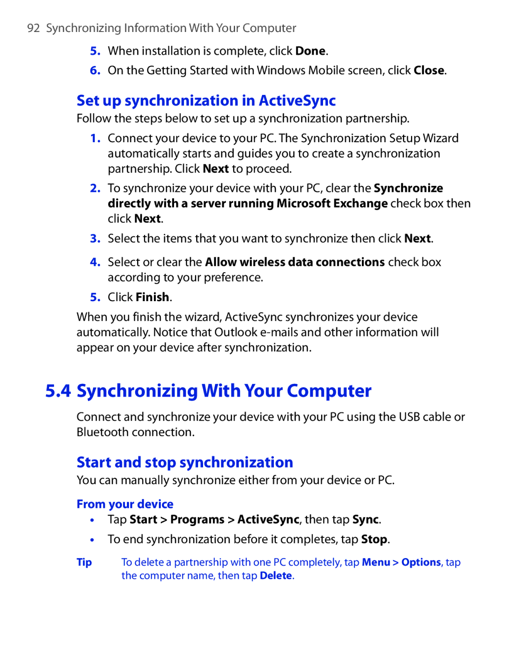 ArcSoft HERA110 manual Set up synchronization in ActiveSync, Start and stop synchronization, From your device 