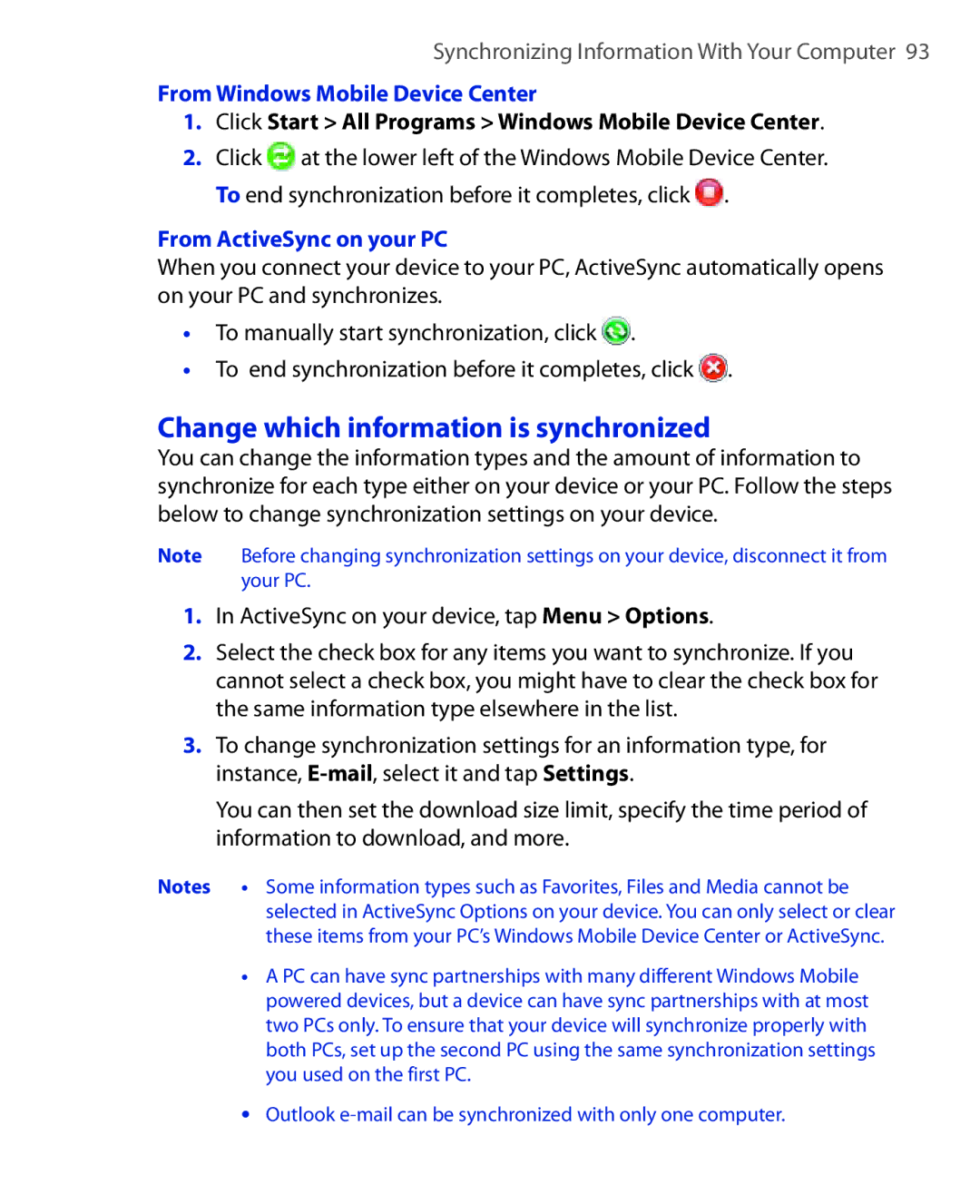 ArcSoft HERA110 Change which information is synchronized, From Windows Mobile Device Center, From ActiveSync on your PC 