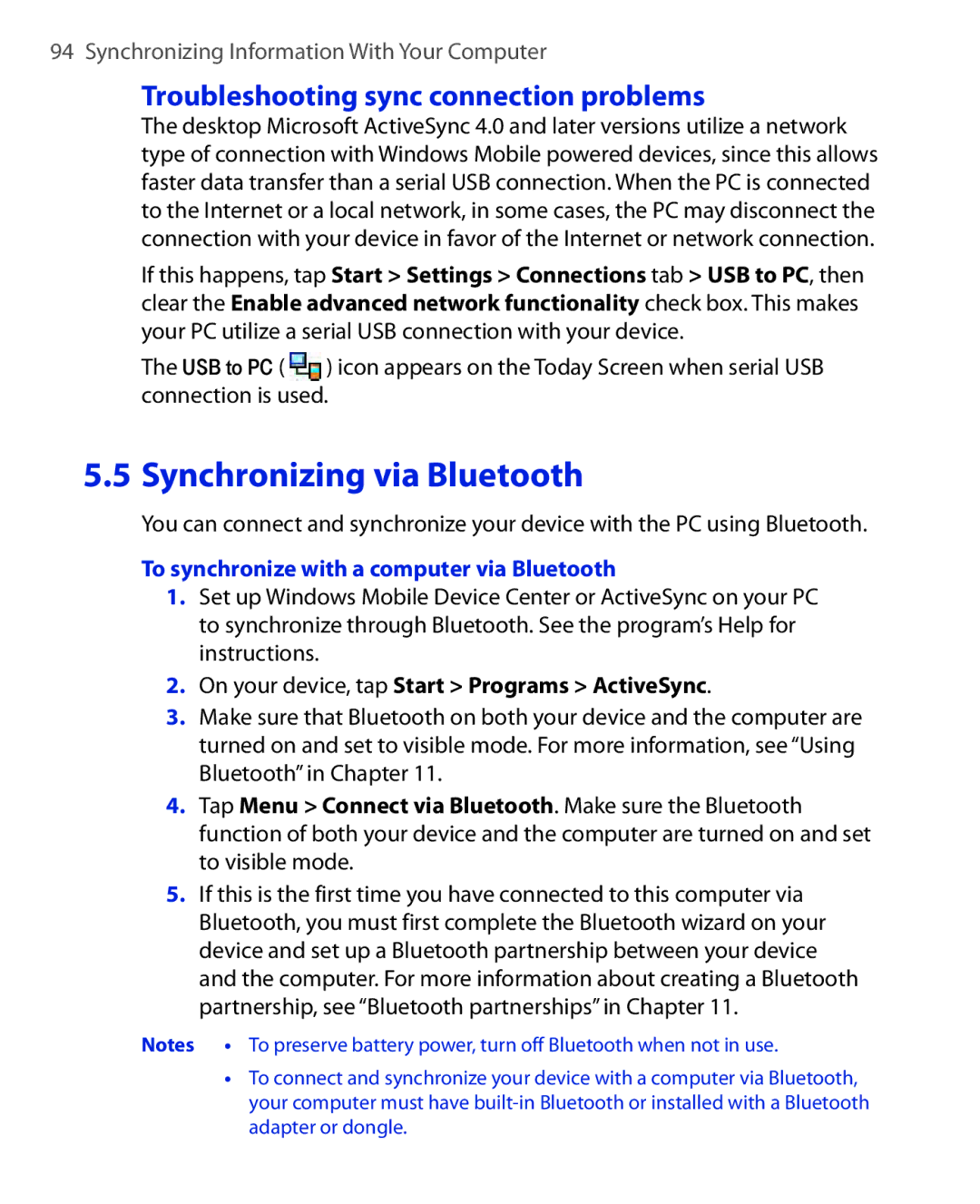 ArcSoft HERA110 manual Troubleshooting sync connection problems, To synchronize with a computer via Bluetooth 