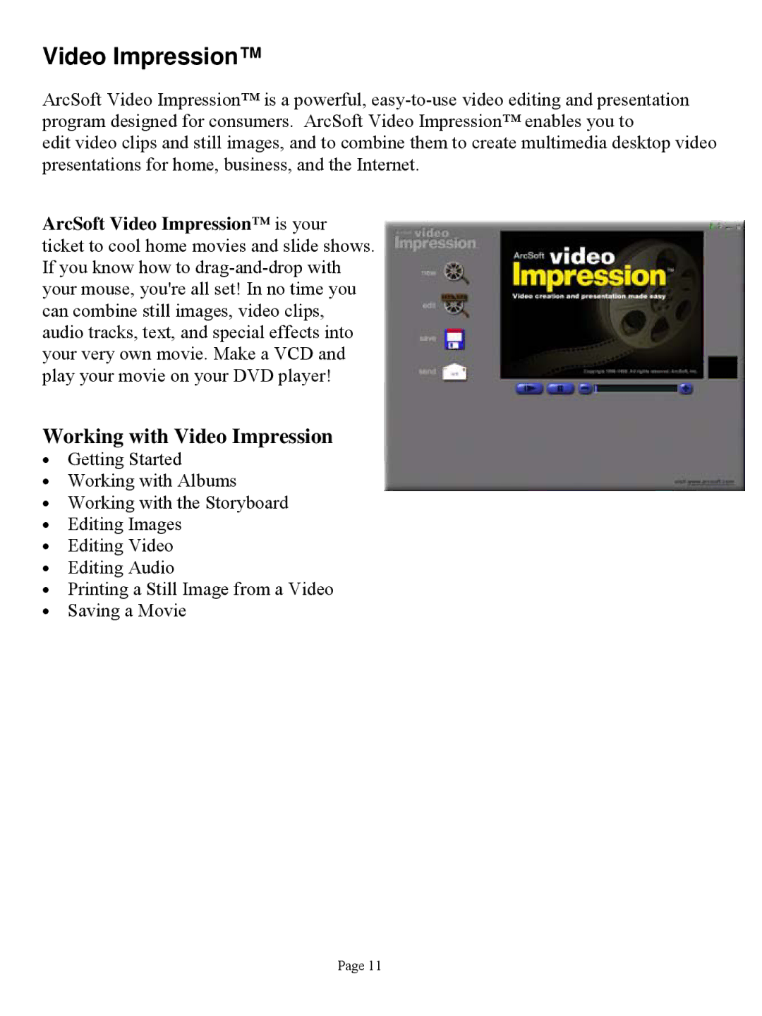 ArcSoft HO98068 manual Working with Video Impression 