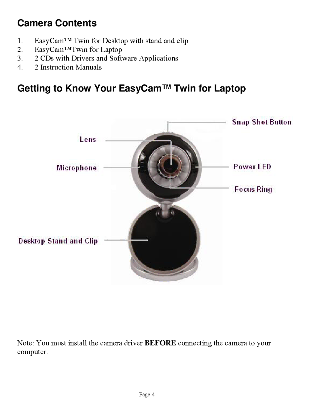 ArcSoft HO98068 manual Camera Contents, Getting to Know Your EasyCam Twin for Laptop 