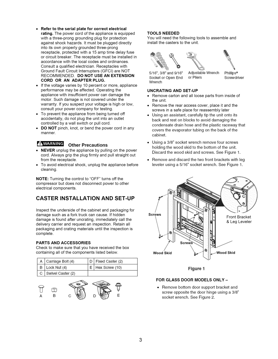 Arctic Air 297283501 important safety instructions Caster Installation and SET-UP, Other Precautions 