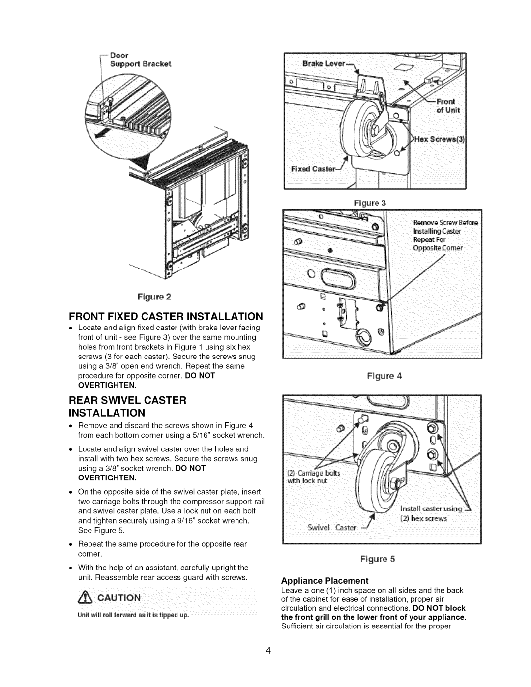 Arctic Air 297283501 Front Fixed Caster Installation, Rear Swivel Caster Installation, F_gu_, Figure, Appliance Placement 